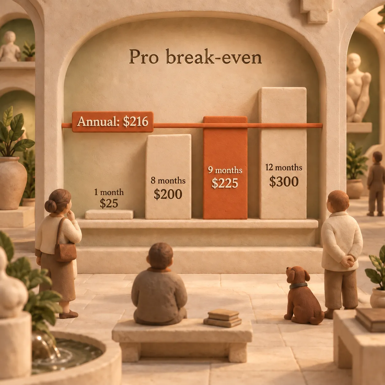 Clay steps show one Gamma Pro seat costing $25 after one monthly payment, $200 after eight, $225 after nine and $300 after twelve, crossing the fixed $216 annual bill at nine