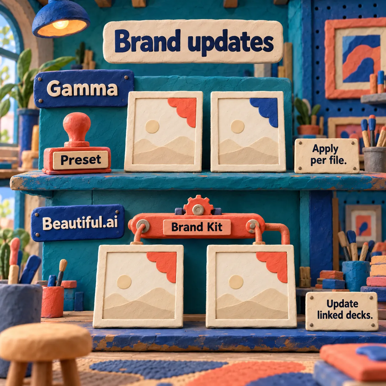 Clay illustration comparing Gamma presets applied per file with Beautiful.ai Brand Kit updates affecting linked decks