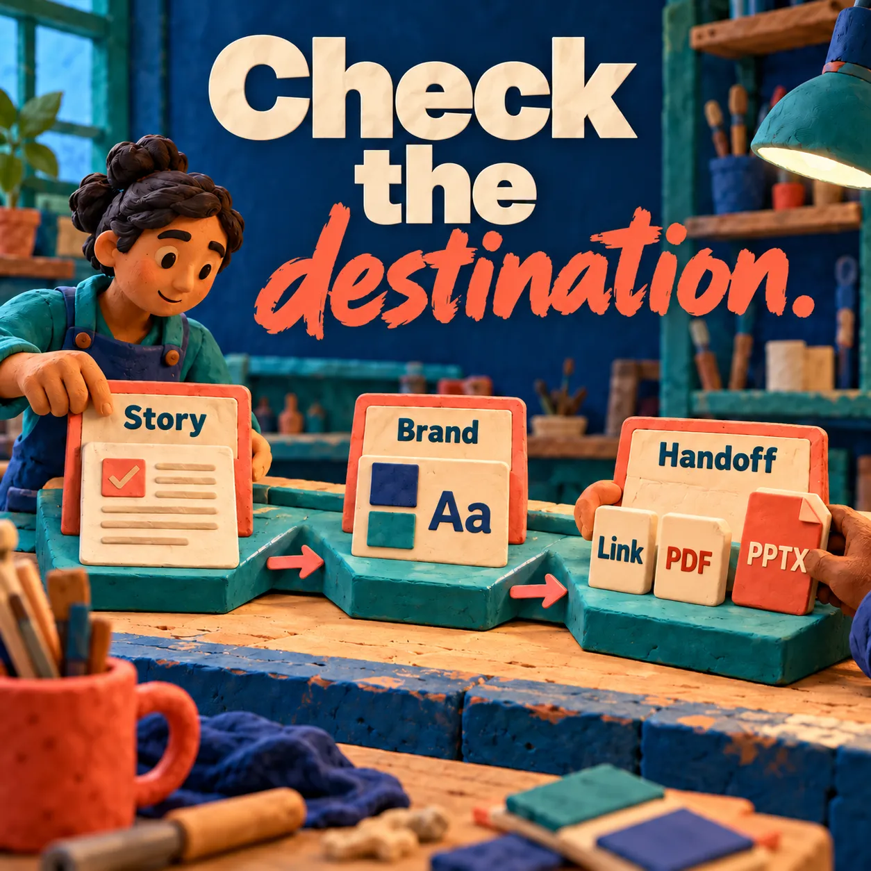 Clay inspection path from Story through Brand to Handoff, ending in Link, PDF and PPTX delivery objects