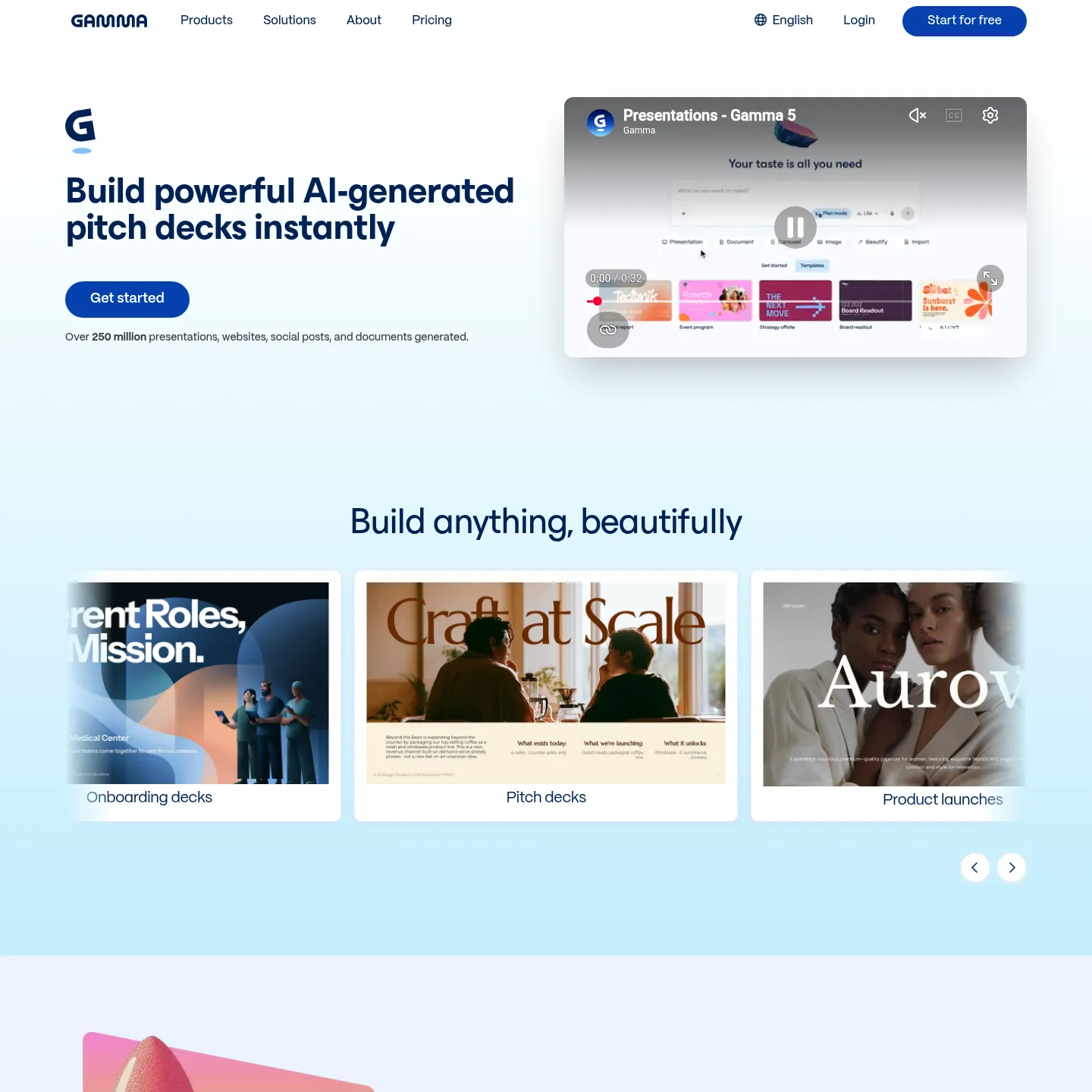 Gamma presentation product page with examples of business decks and its document-to-presentation workflow