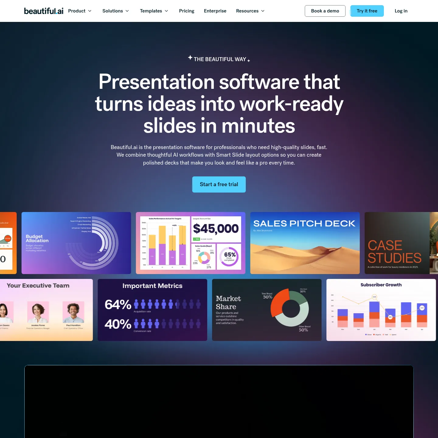 Beautiful.ai presentation software page showing Smart Slides and its guided creation workflow