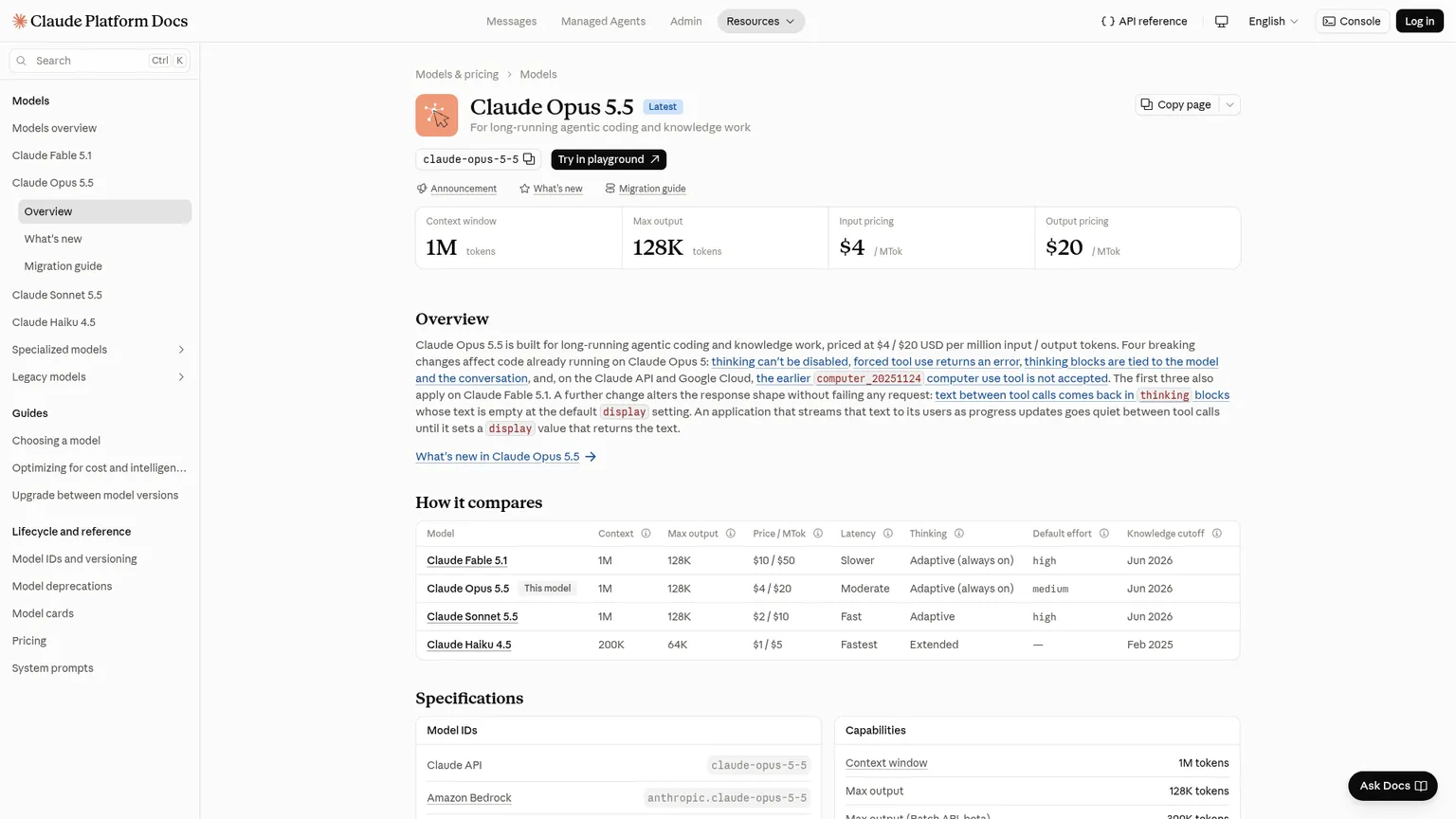 Documentación de Claude Opus 5.5 de Anthropic con los precios base y las plataformas donde está activo