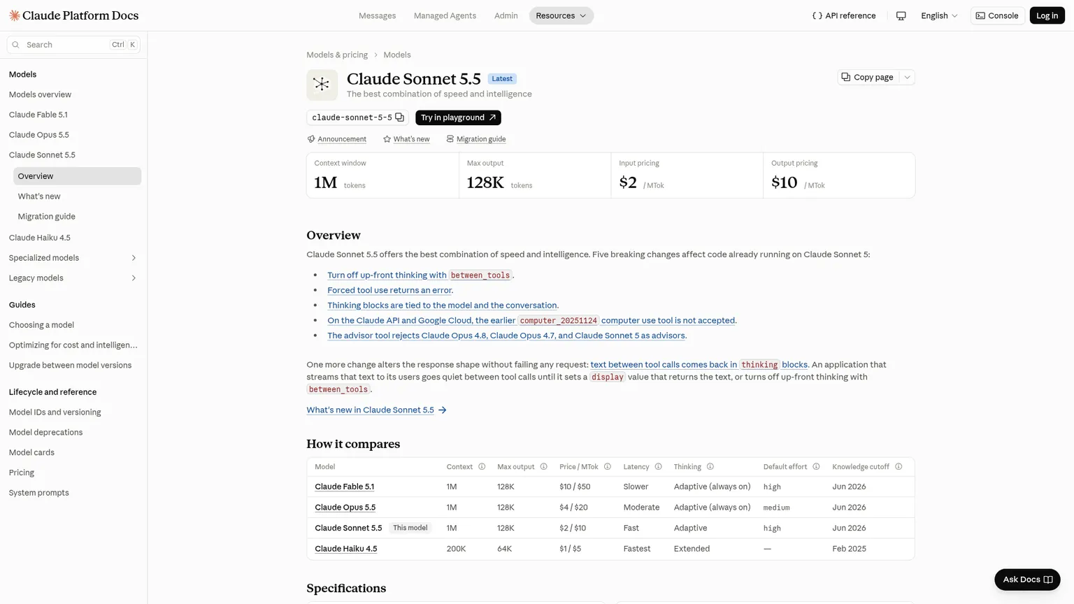 Documentación de Claude Sonnet 5.5 de Anthropic con los precios base y la disponibilidad