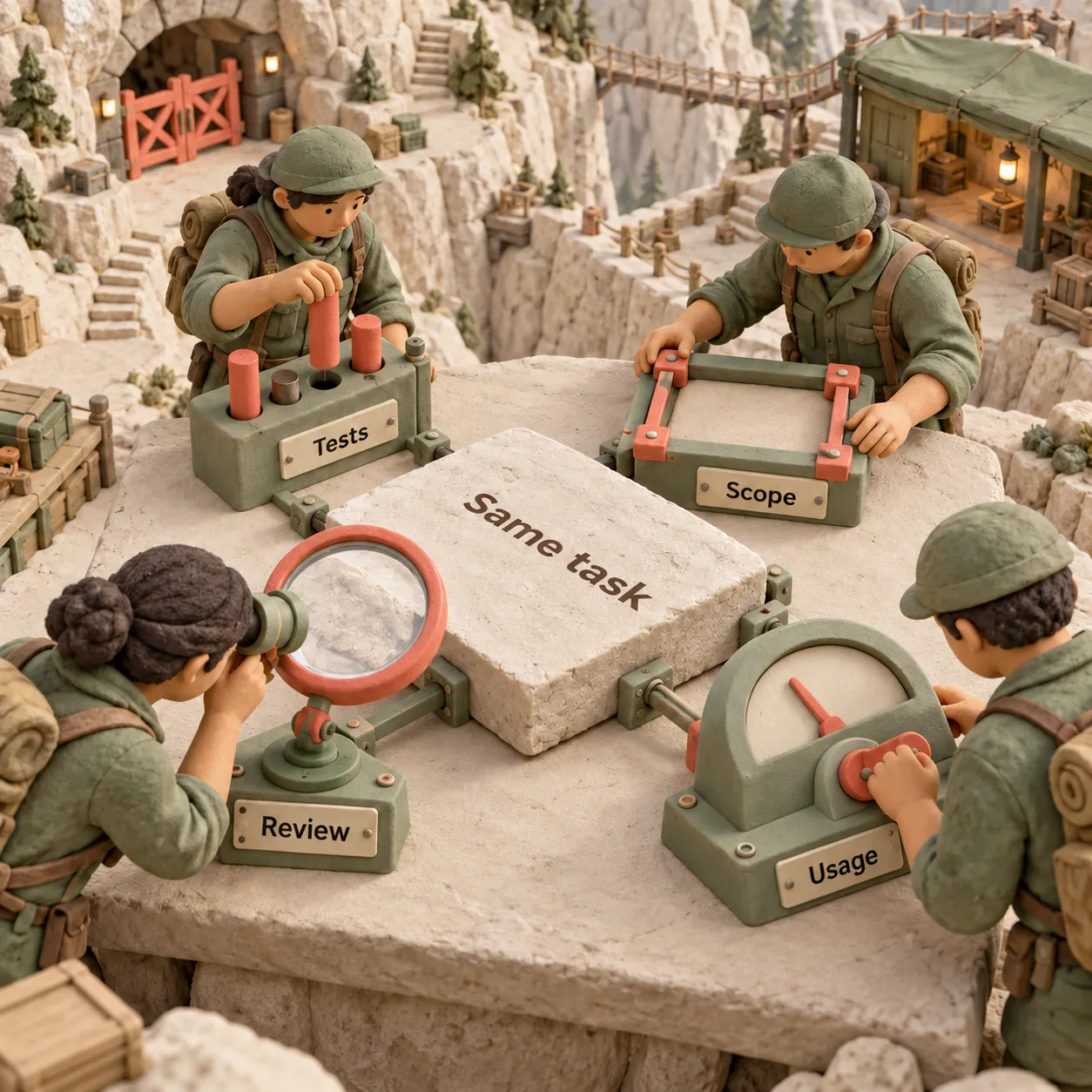 A clay inspection bench holds one task fixed while checking tests, scope, review effort and usage