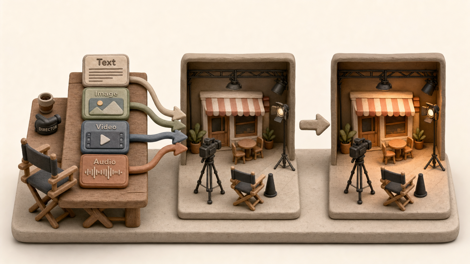 Clay diorama showing text, image, video and audio inputs becoming an edited video scene