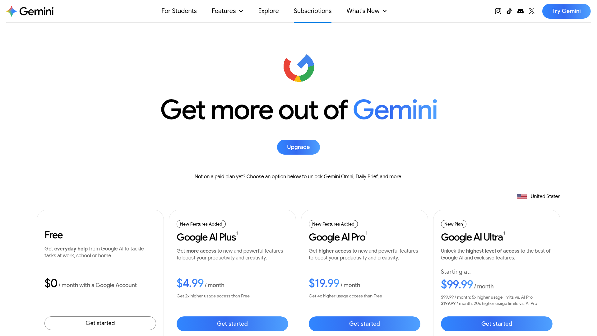 Google Gemini subscription pricing page showing Free, AI Plus, AI Pro, and AI Ultra