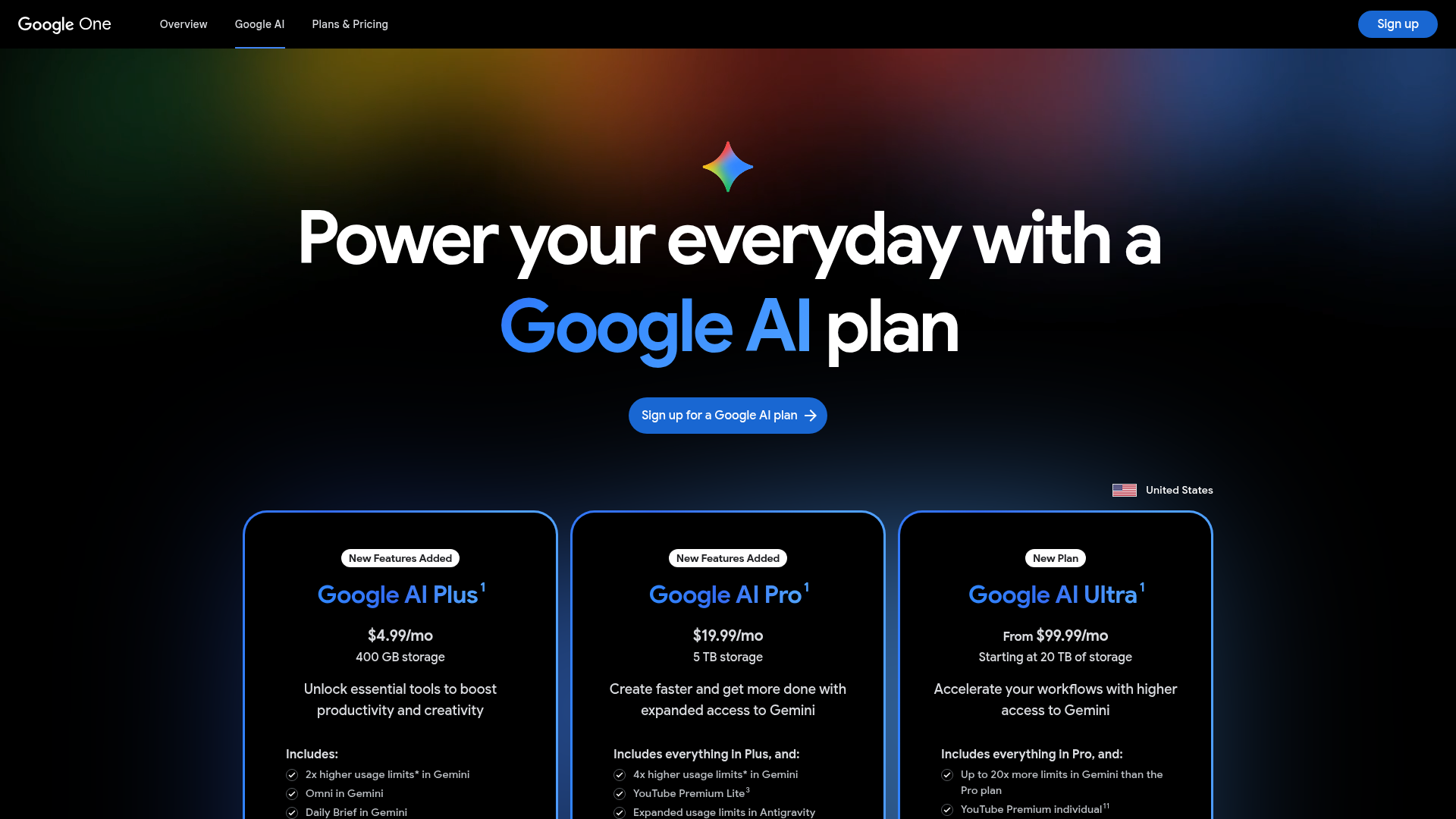 Google AI Plus Pro and Ultra pricing page