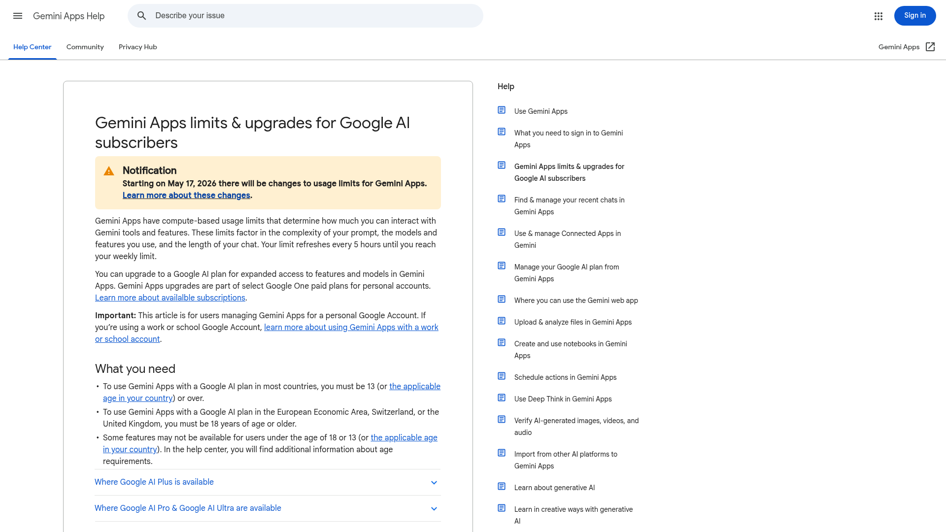 Google Gemini app limits and context windows help page