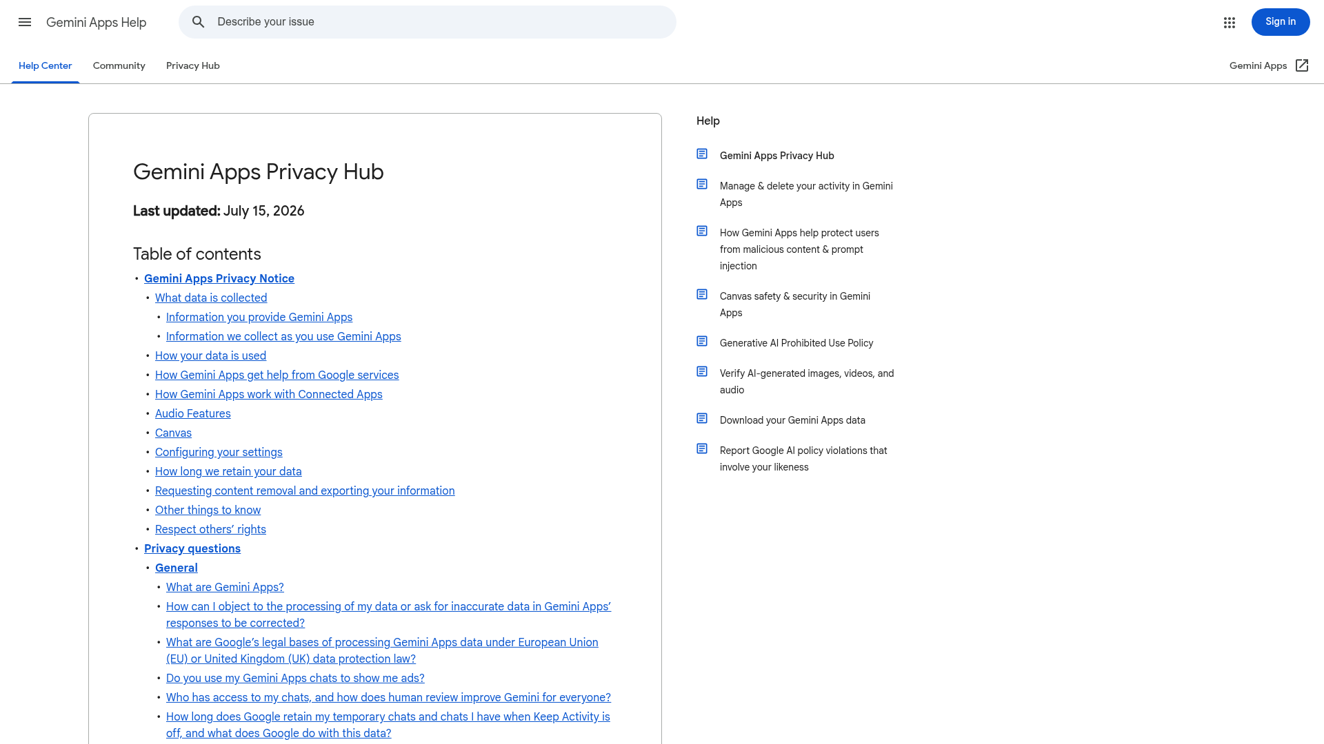 Google Gemini Apps Privacy Hub settings and retention terms