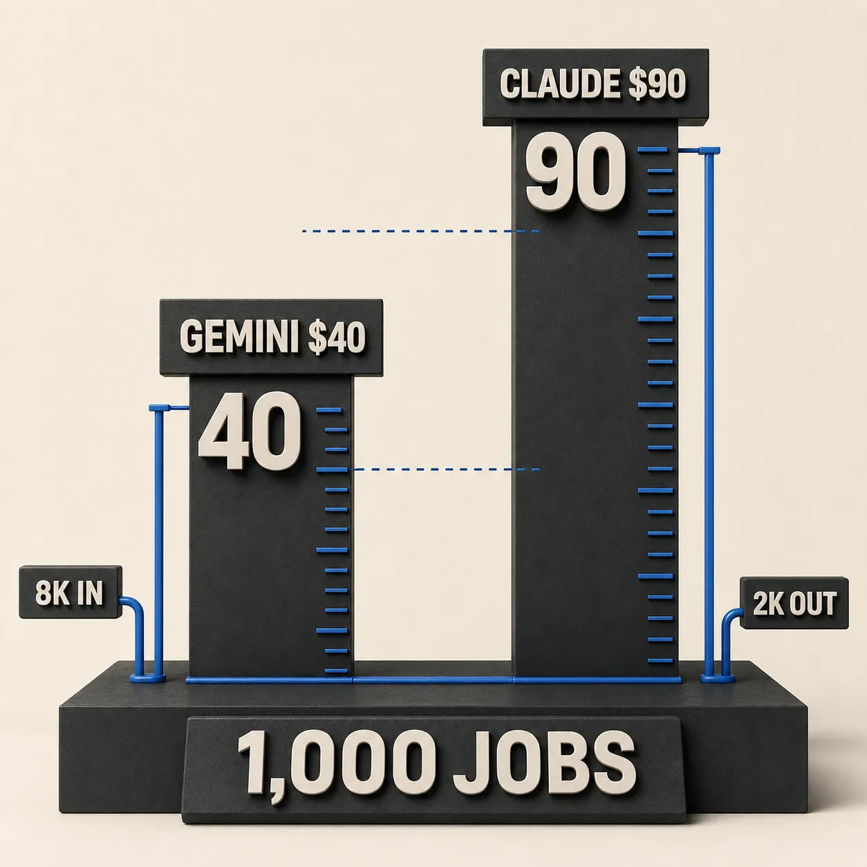 정규화된 작업 1,000개에서 Gemini와 Claude의 API 비용 비교