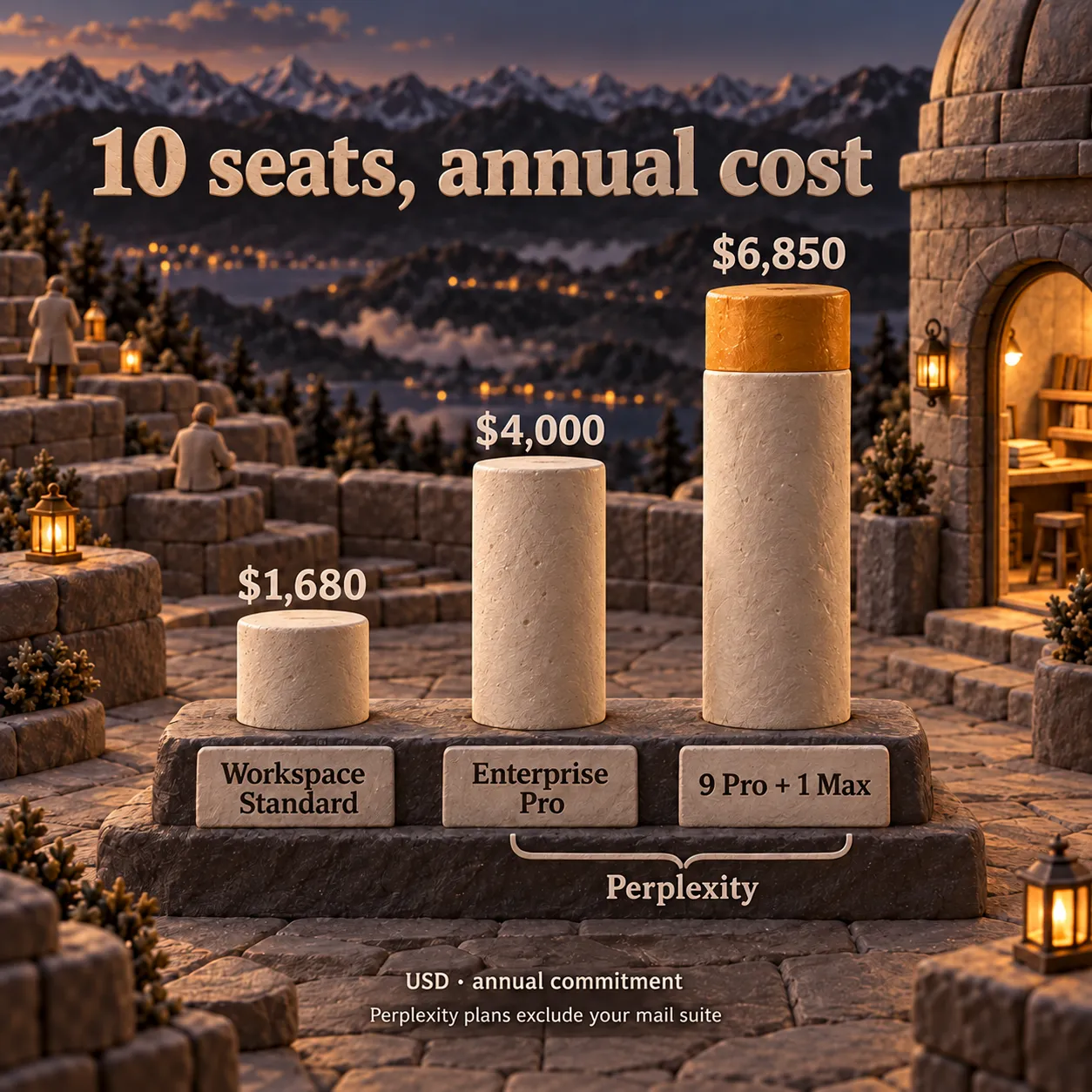 Annual ten-seat costs: Workspace Business Standard $1,680; Perplexity Enterprise Pro $4,000; nine Enterprise Pro seats plus one Enterprise Max seat $6,850