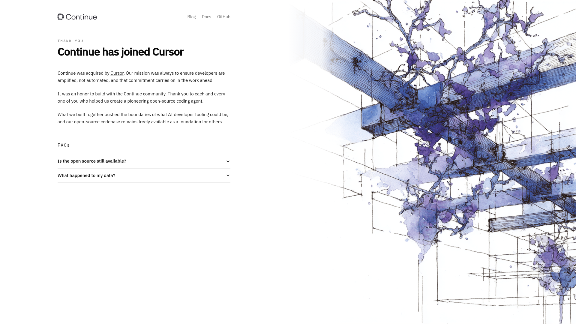 Continue homepage announcing its acquisition by Cursor