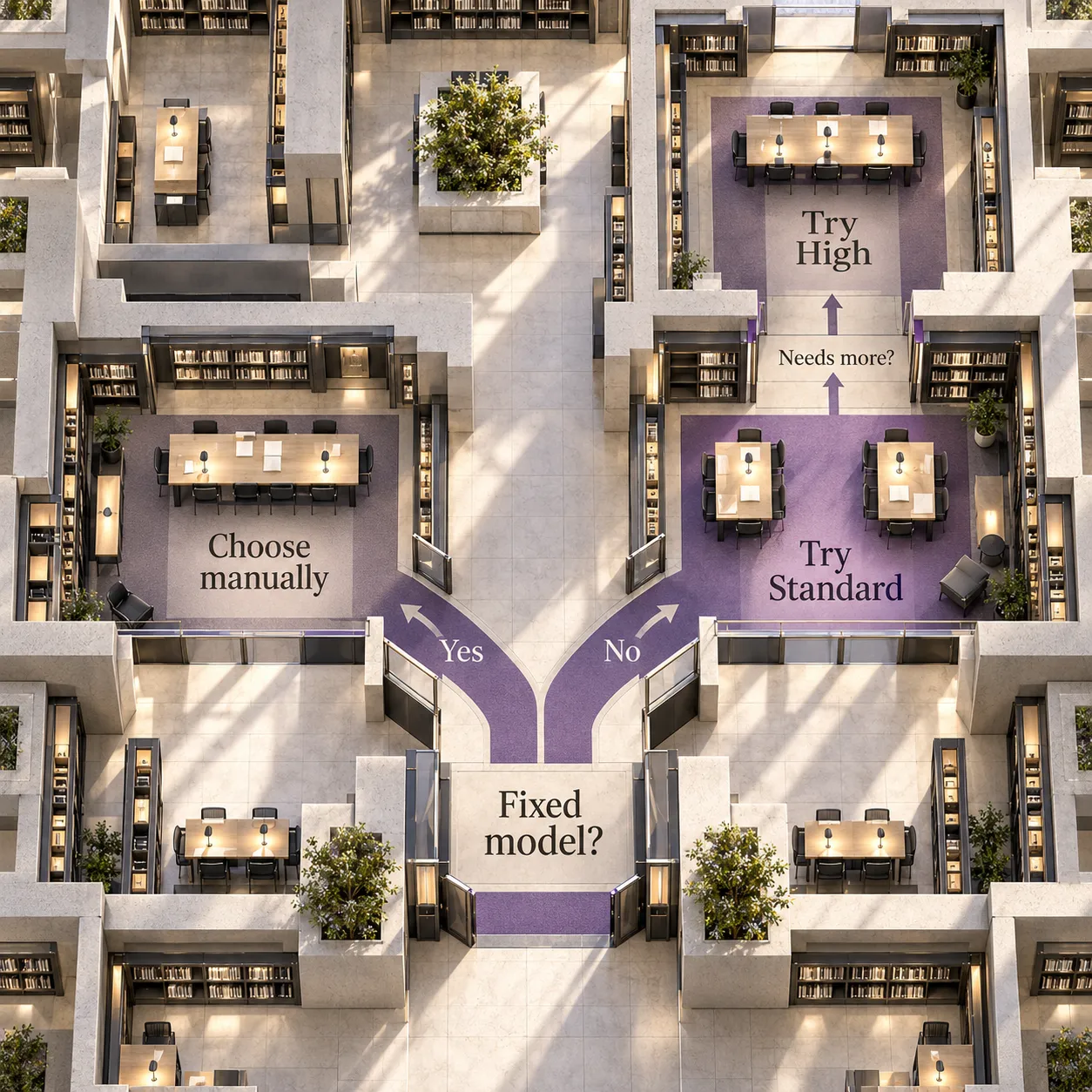 Decision path: choose a model manually when a fixed model is required; otherwise try Standard and consider High when more review is justified.