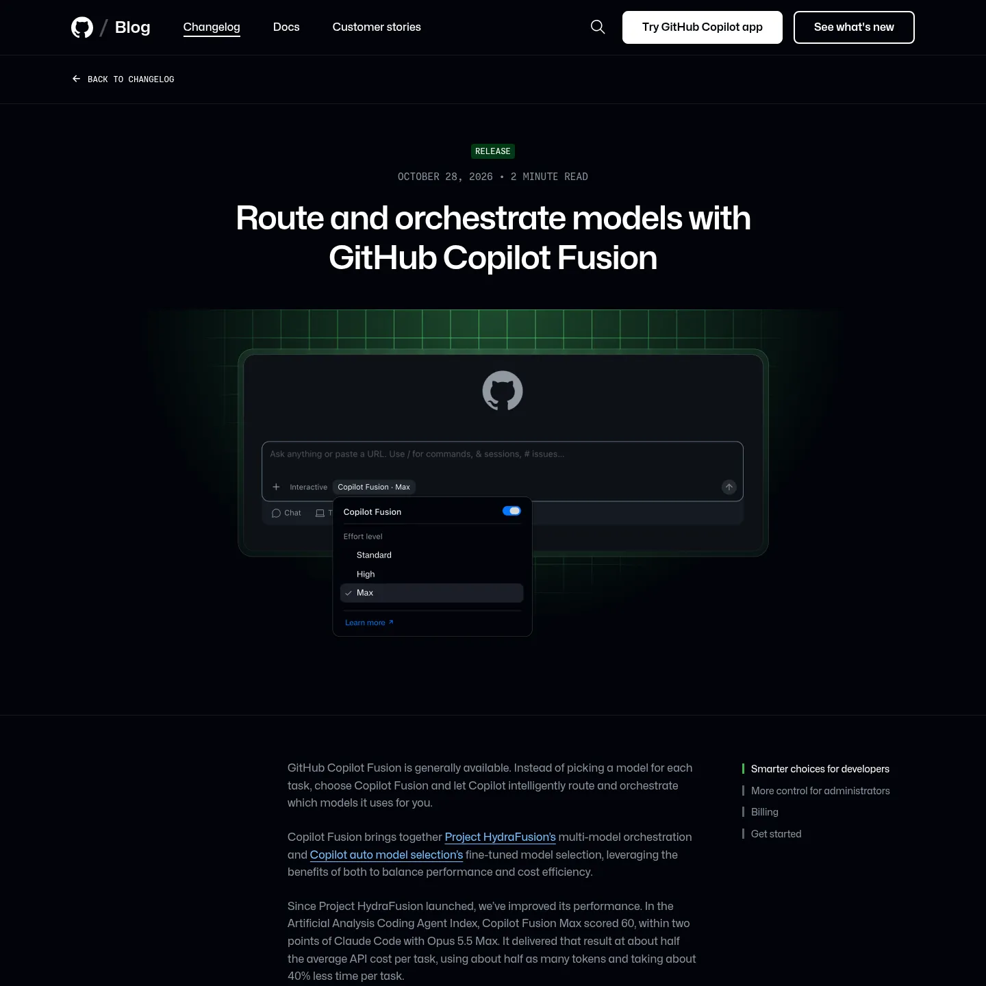GitHub's Fusion announcement showing the Copilot model picker and effort options.