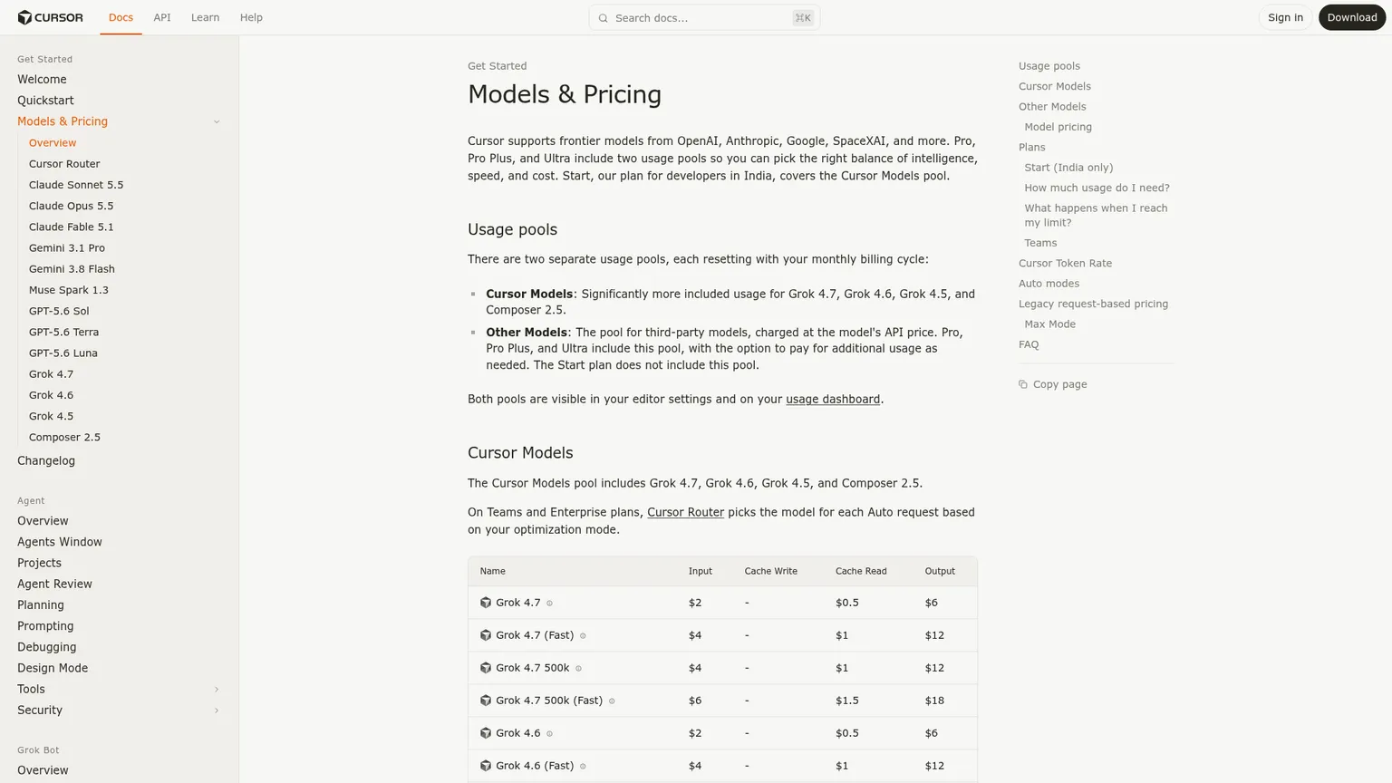 Cursor's live model and usage-pool pricing documentation