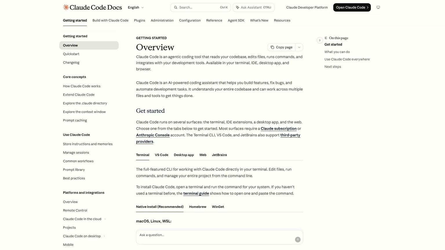 Claude Code's official overview showing its development surfaces and agent workflow