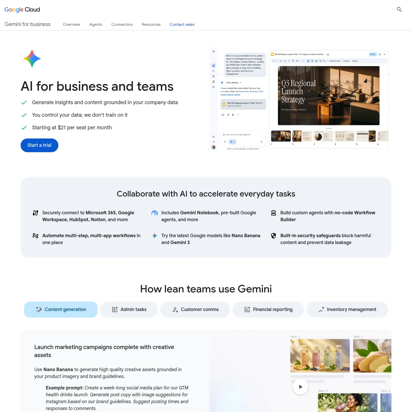 Google's Gemini Enterprise Business product page showing its company-data assistant