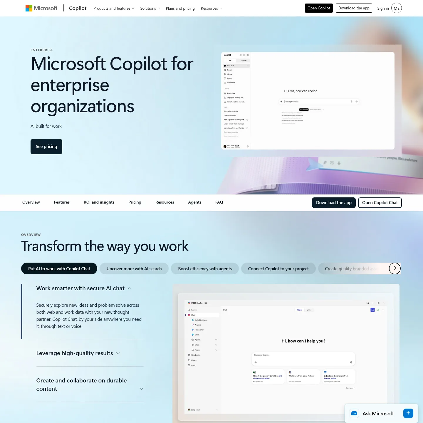 Microsoft's enterprise Copilot page showing its work assistant and Microsoft 365 integration