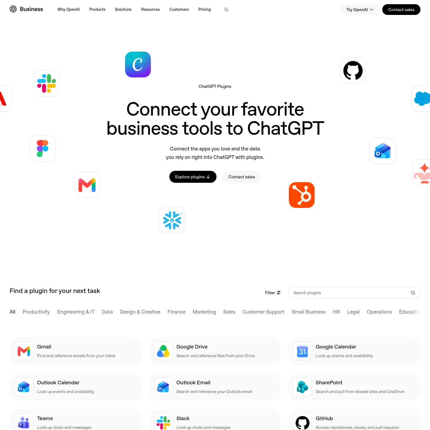 OpenAI's business plugins page showing connected tools and app workflows