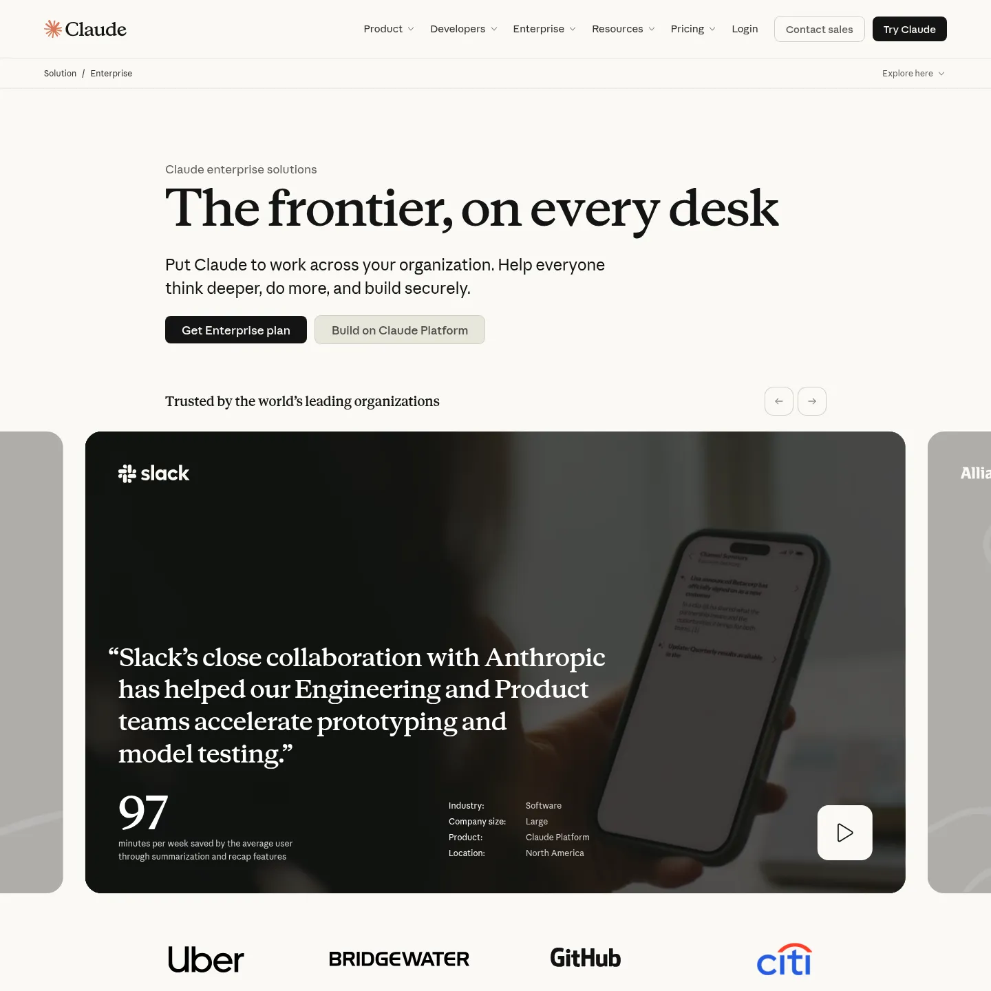 Anthropic's Claude Enterprise product page showing its enterprise assistant offering