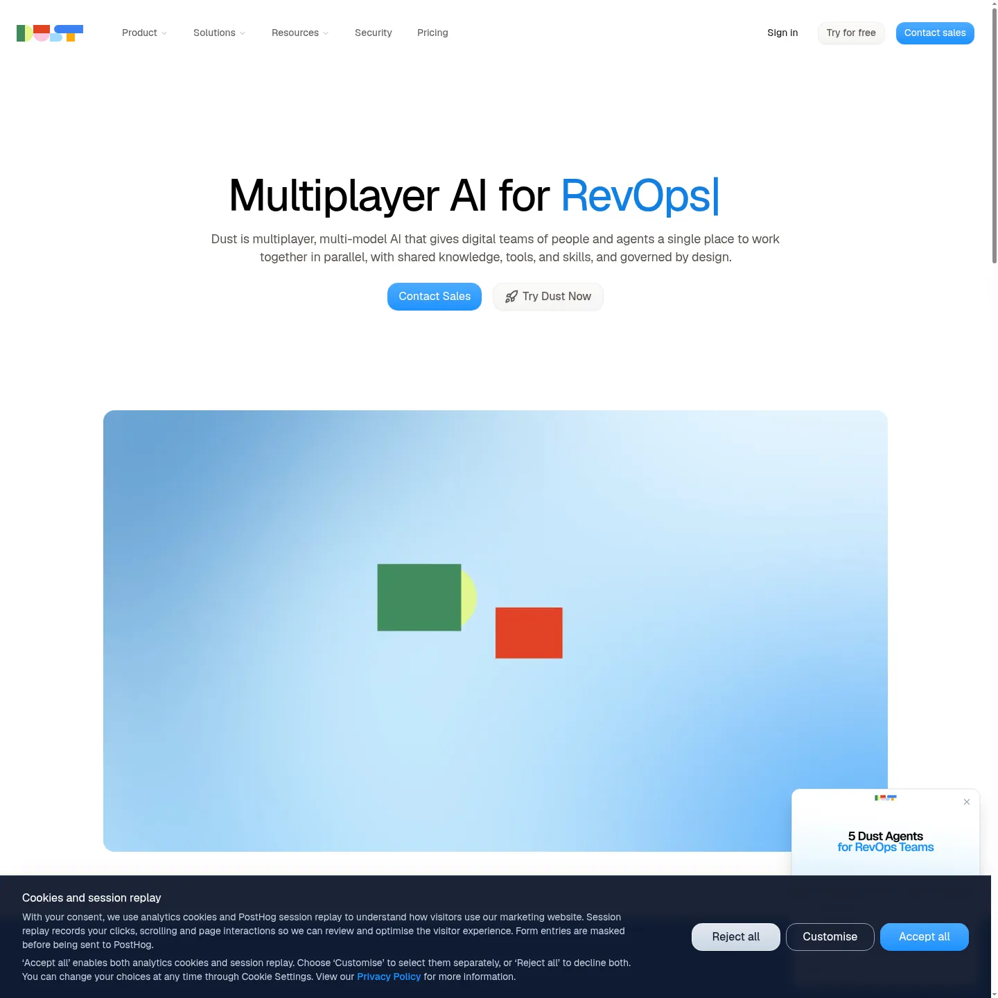 Dust's product page showing shared agents, company knowledge and connected workflows
