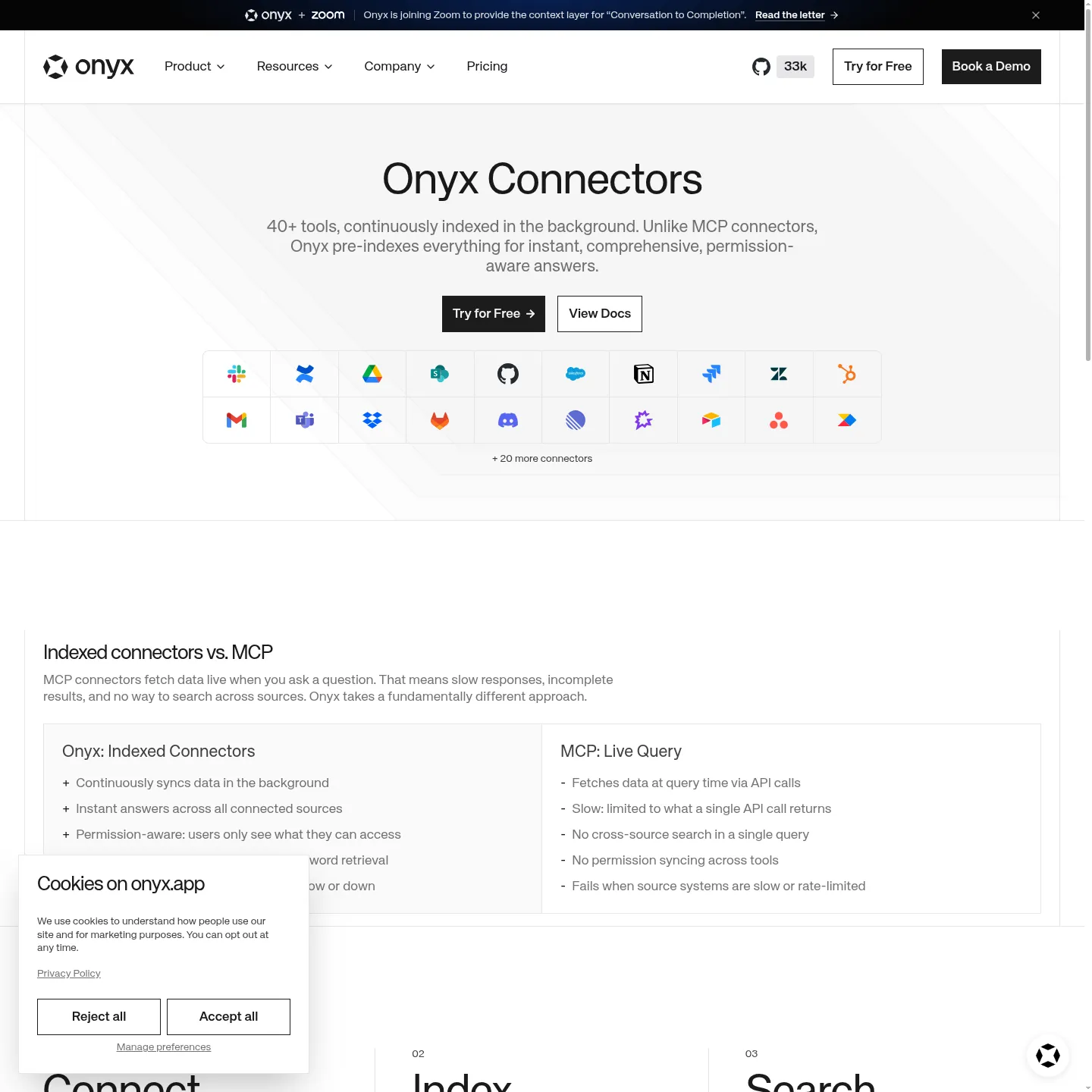 Onyx's connectors page showing indexed company sources and permission-aware retrieval
