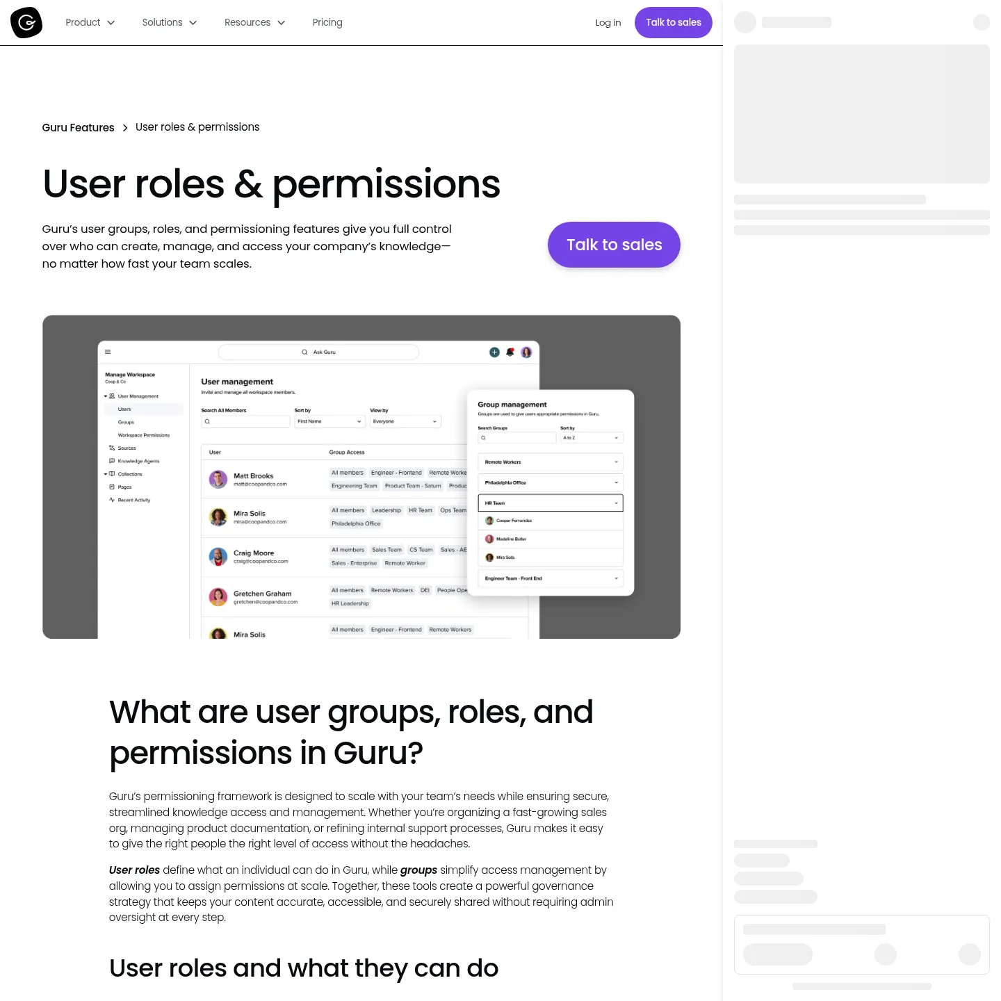 Guru's roles and permissions feature page showing controls for knowledge and connected sources