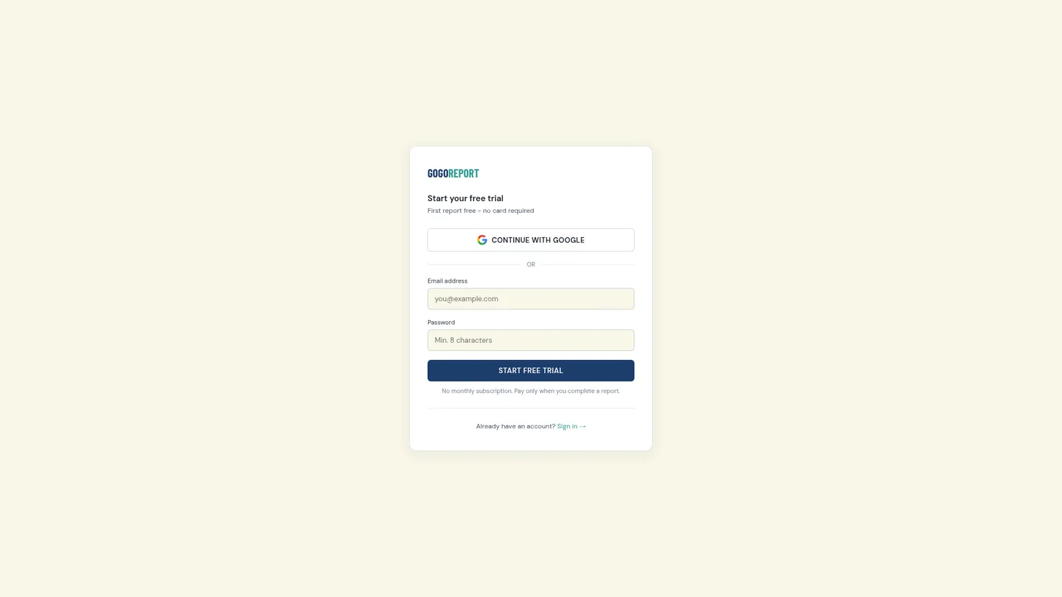 最初の完成報告書を無料で提供するGoGoReportの登録ページ