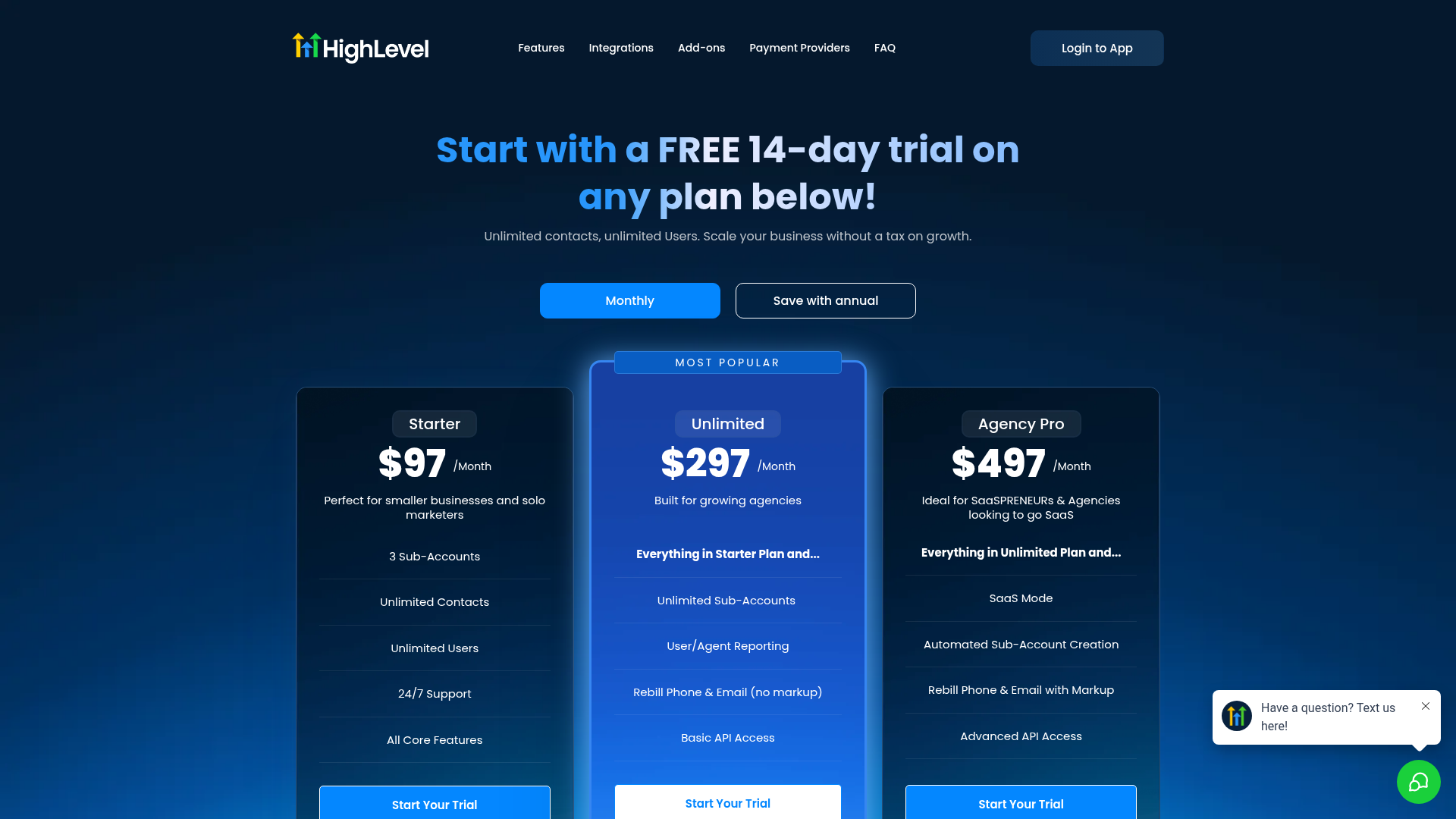 GoHighLevel pricing page showing the Starter, Unlimited, and Agency Pro plans