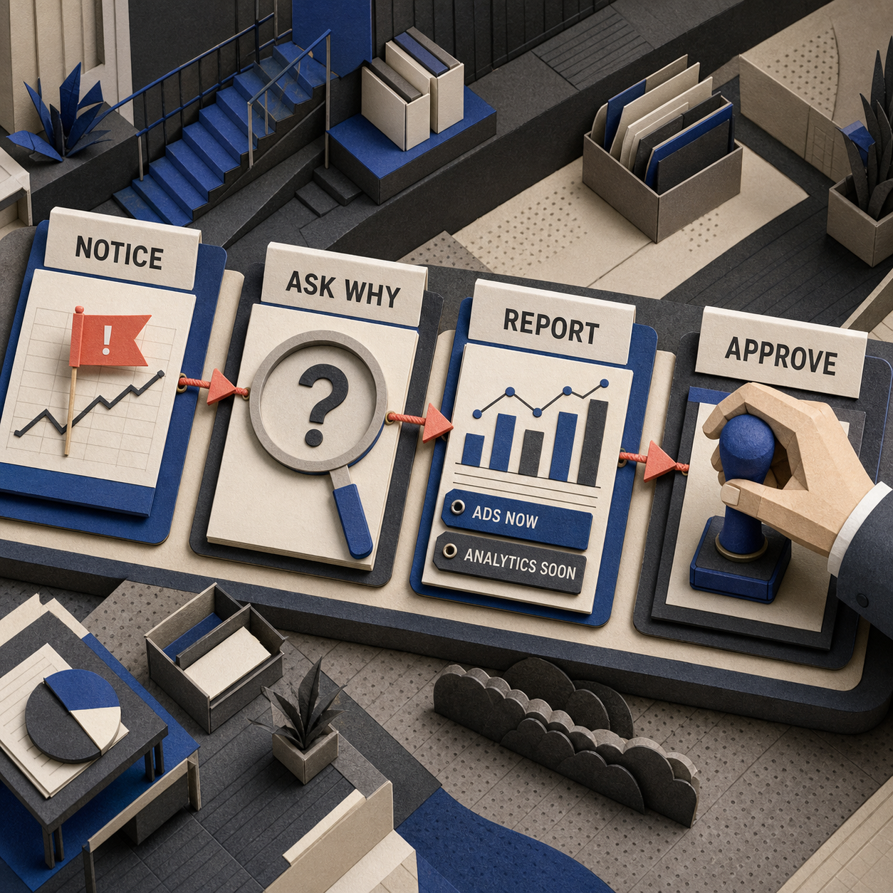 A four-stage paper workflow showing Notice, Ask Why, Report, and Approve