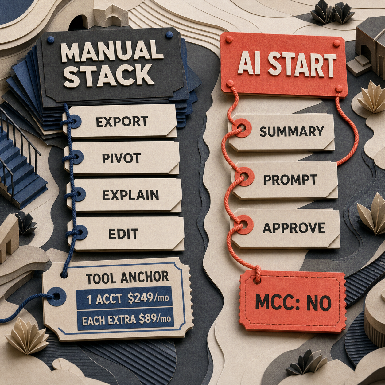 Paper comparison of a manual review stack and an AI-assisted review loop with current tool-price tags