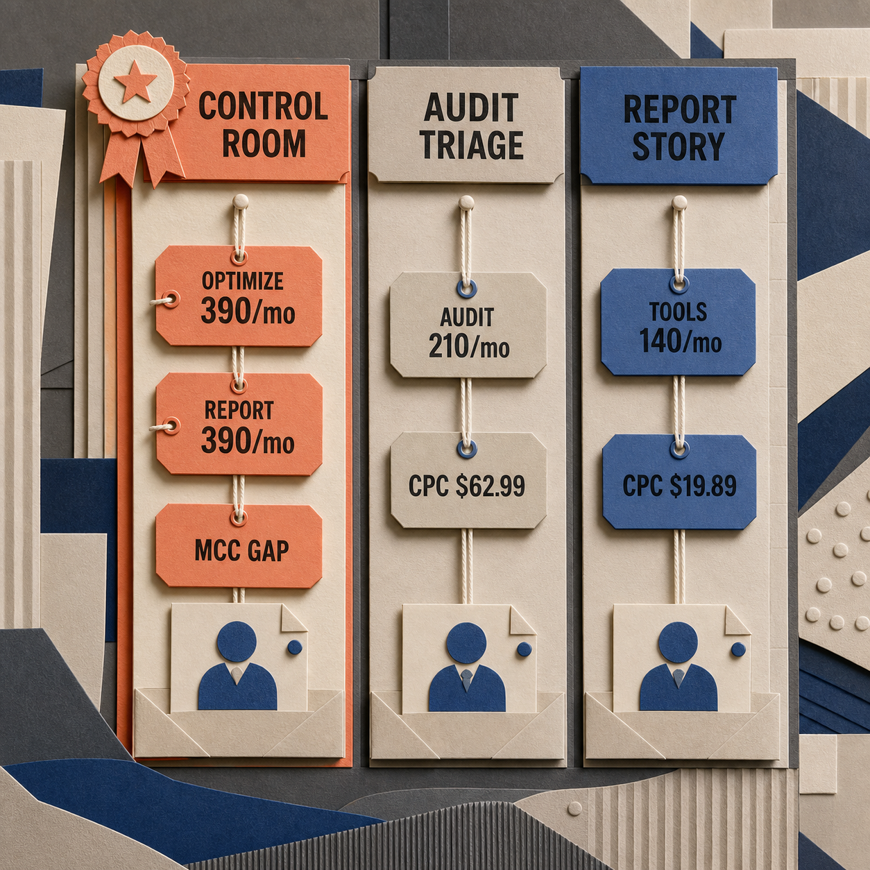 Paper opportunity board comparing a control room, audit triage, and report narrator with demand figures