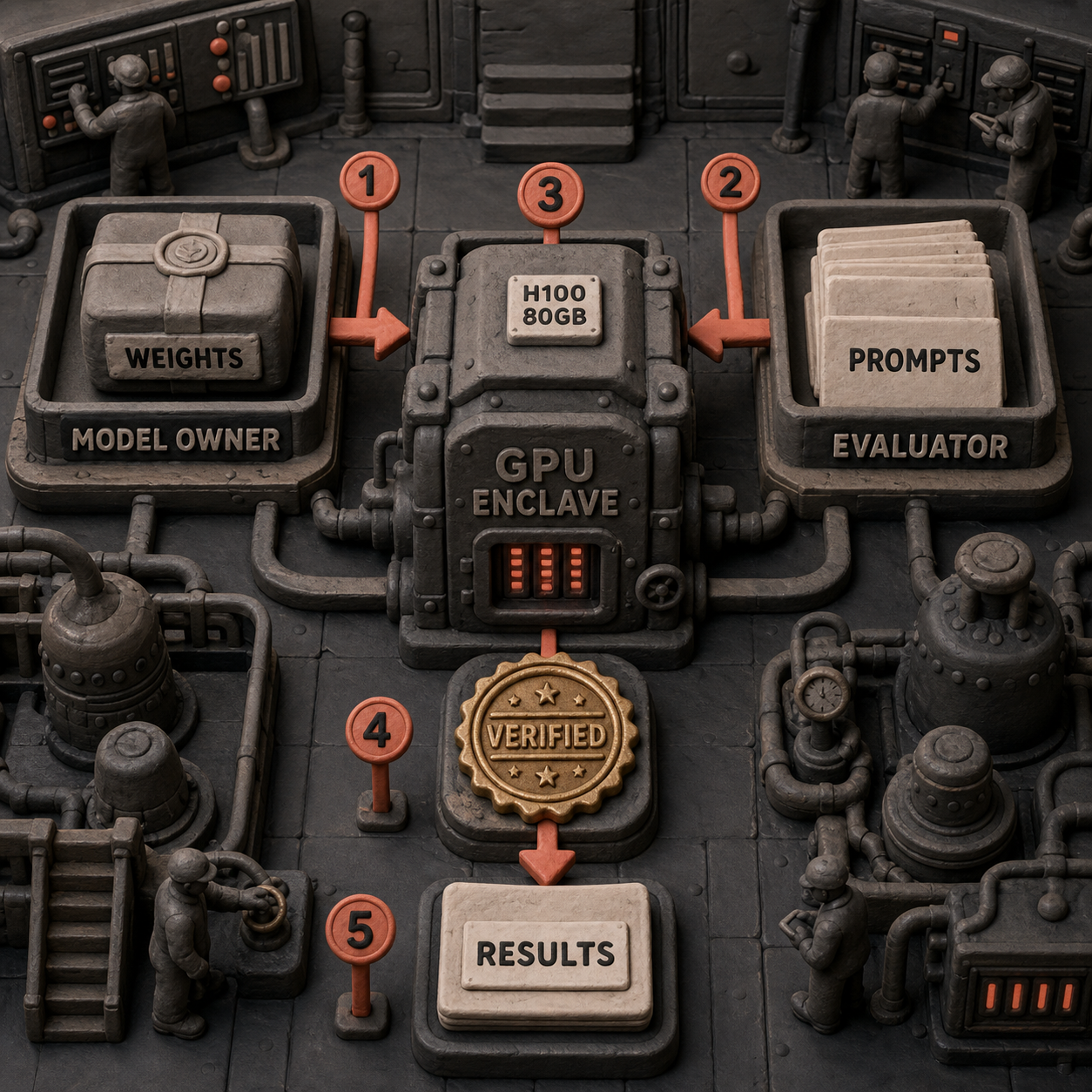 Clay flow showing secret model weights and private prompts entering separate sides of a verified GPU enclave