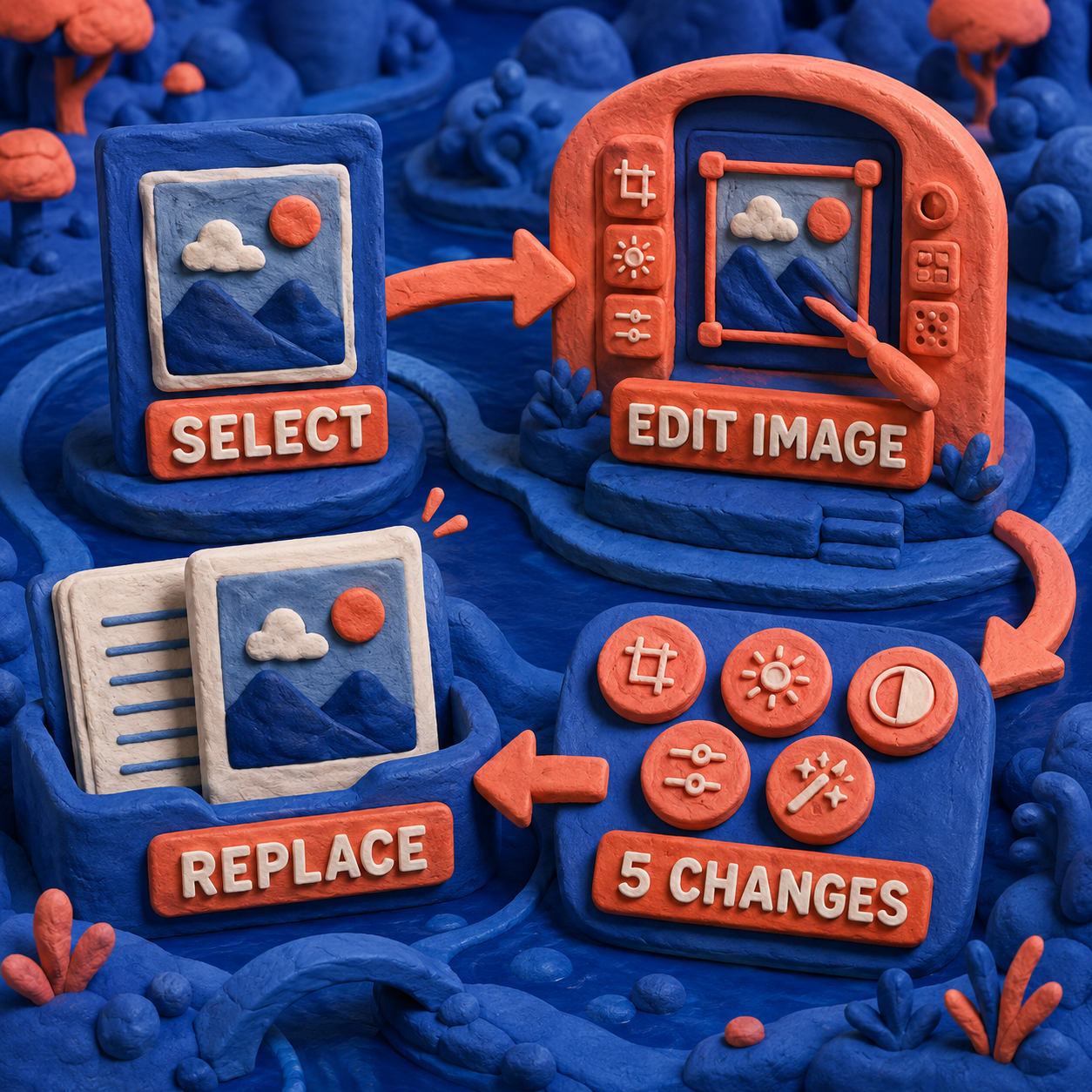 Select、Edit image、5件の変更、Replaceという4ステップを立体的に示したワークフロー