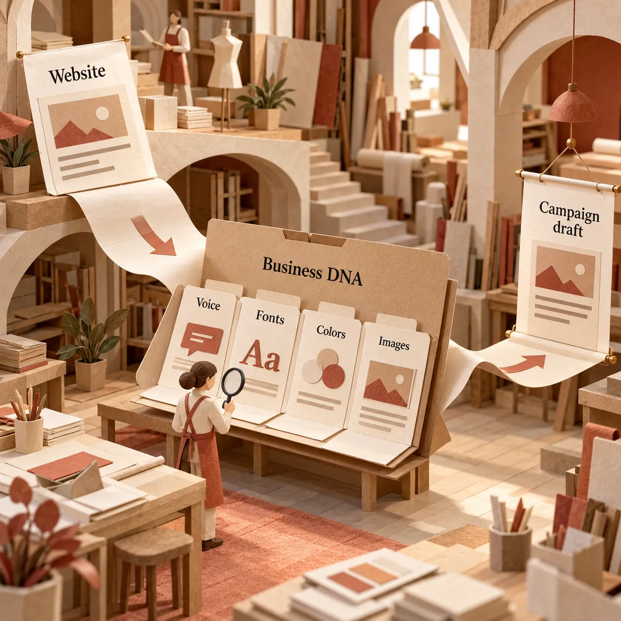 Paper atelier showing website information becoming a Business DNA profile with voice, fonts, colors and images, then a campaign draft