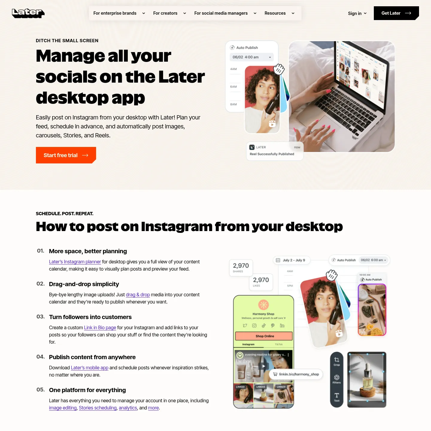 Later's desktop Instagram scheduling page showing its calendar workflow