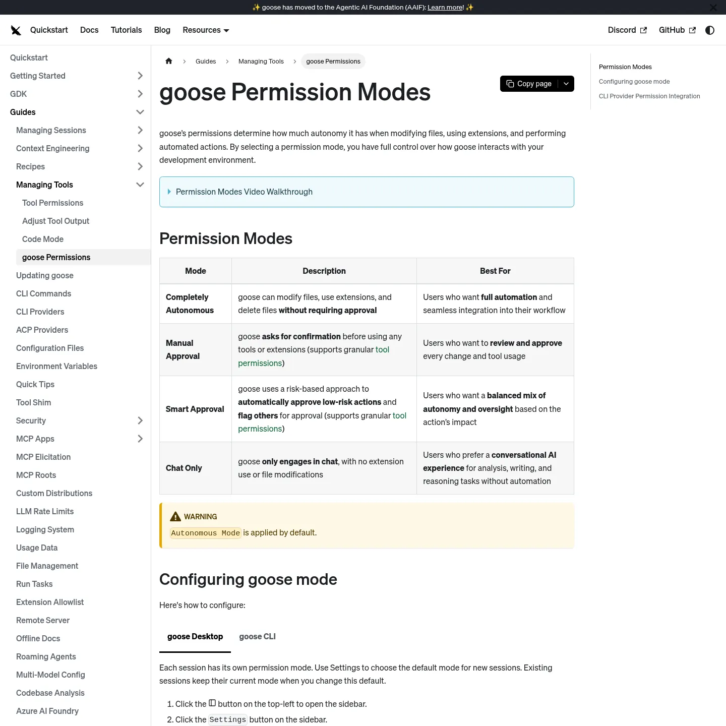 Documentazione dei permessi di Goose con le modalità autonoma, con approvazione e di sola chat