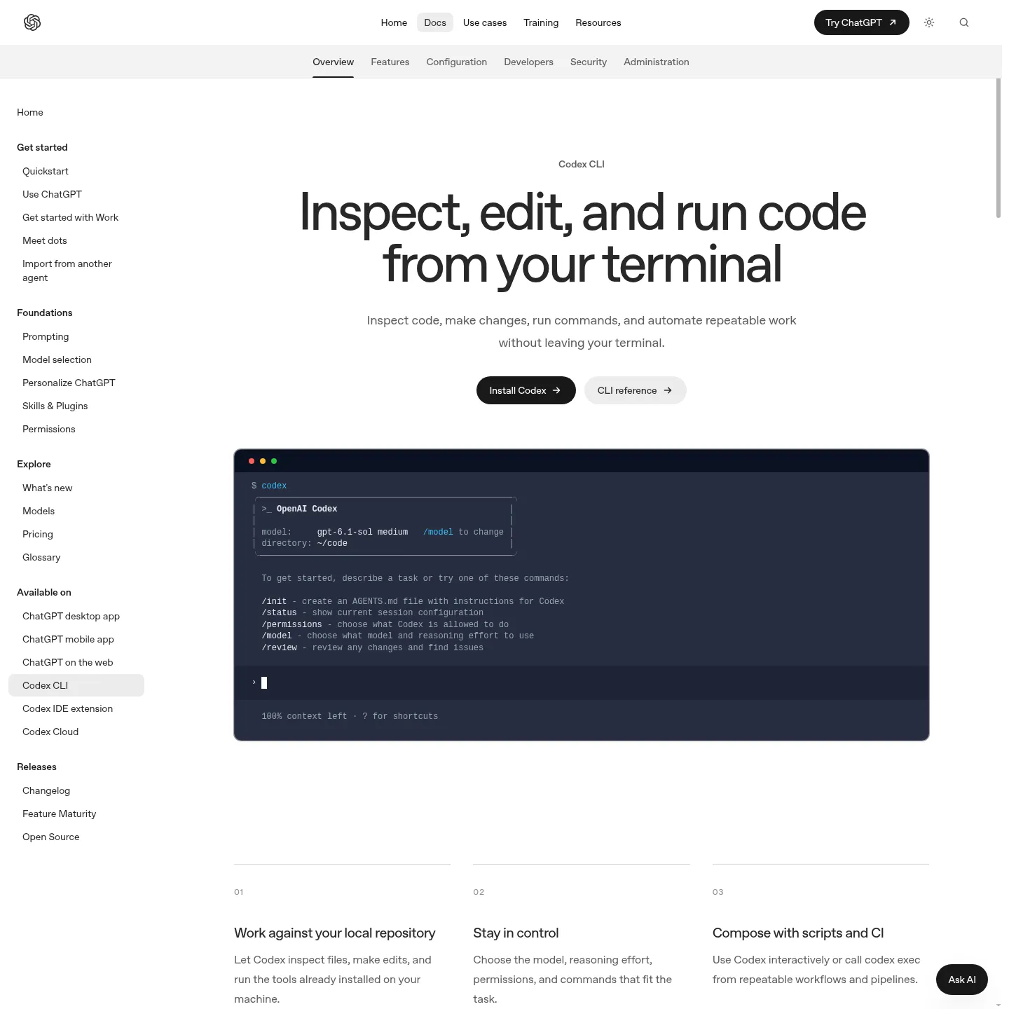 Documentazione della CLI di OpenAI Codex dedicata al lavoro sul codice locale e all'automazione