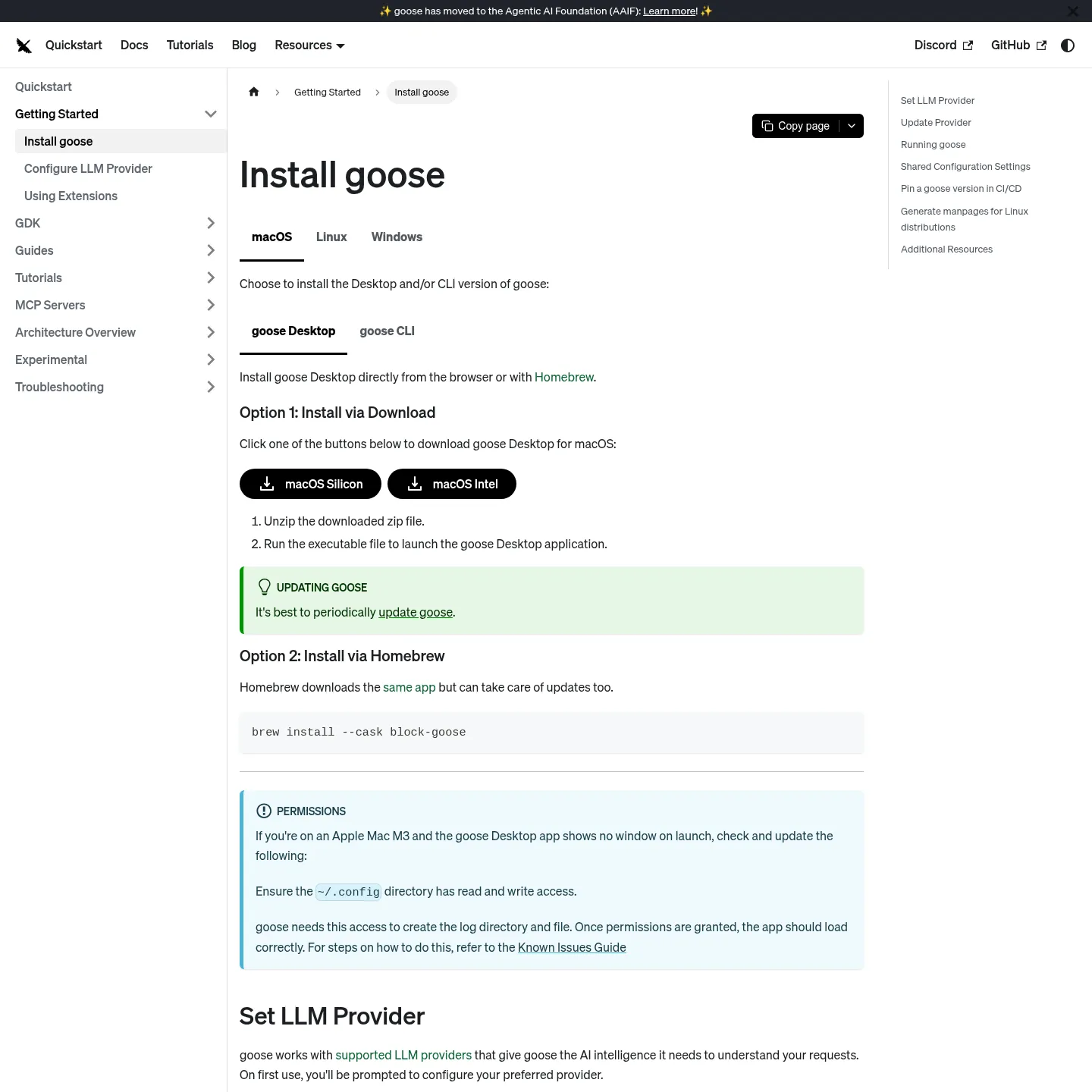 Documentazione di installazione di Goose con le opzioni desktop e CLI per ciascuna piattaforma