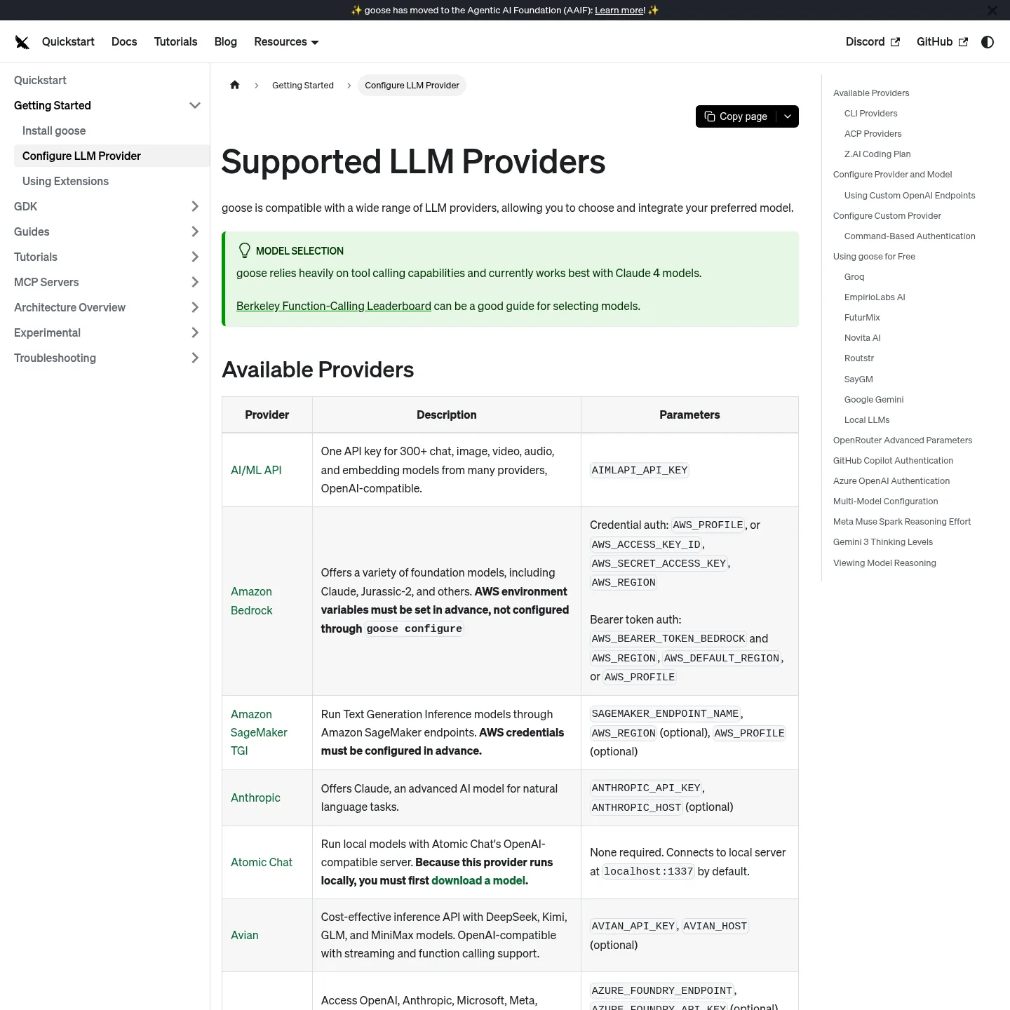 Documentazione dei provider di Goose con i backend dei modelli supportati e i requisiti di configurazione