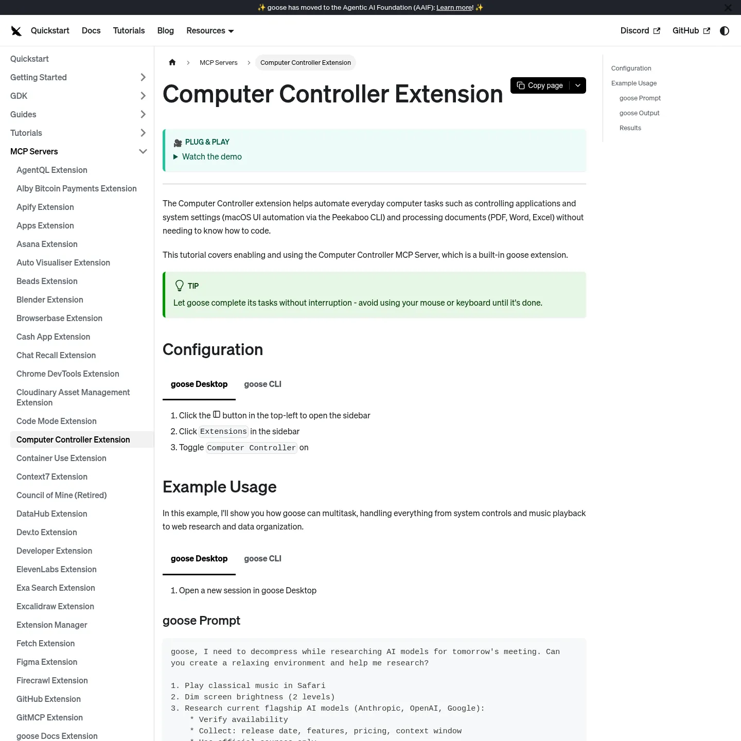 Documentazione di Goose Computer Controller sull'elaborazione dei documenti, con un esempio su un foglio di calcolo