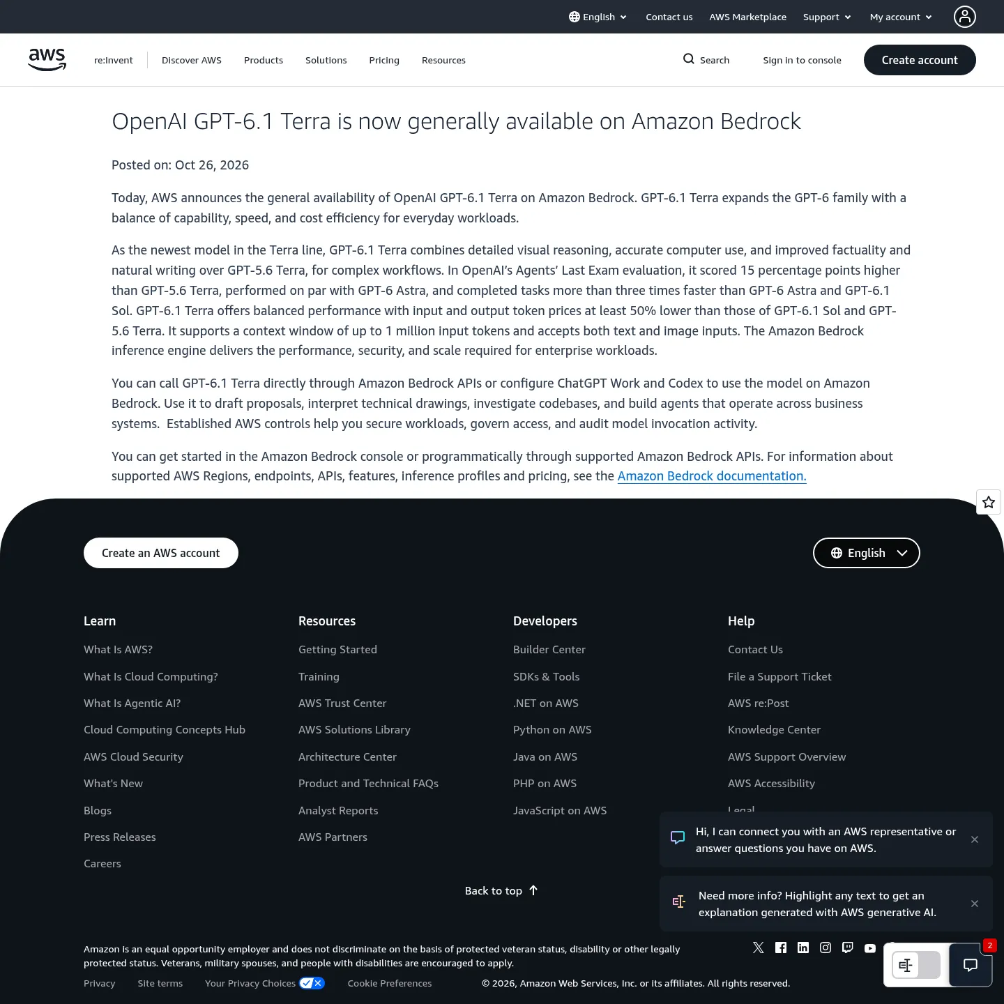 Amazon Bedrock의 GPT-6.1 Terra 지원을 알리는 AWS 발표