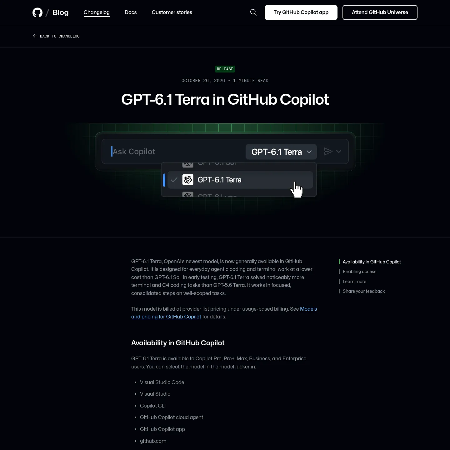 Copilot의 GPT-6.1 Terra 지원에 관한 GitHub 발표