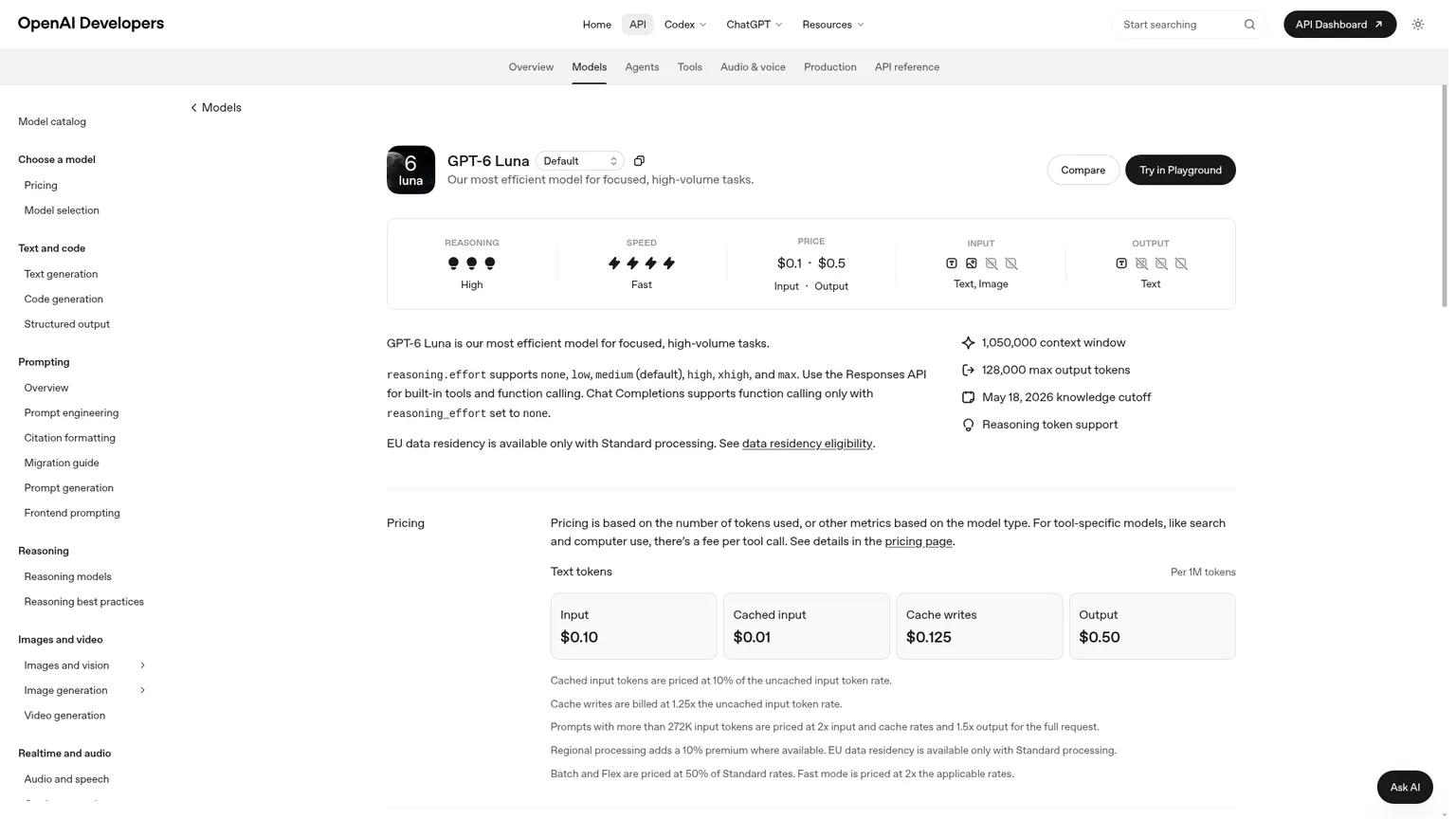 OpenAI-Dokumentation zu GPT-6 Luna mit Preisen, Kontext und Funktionen