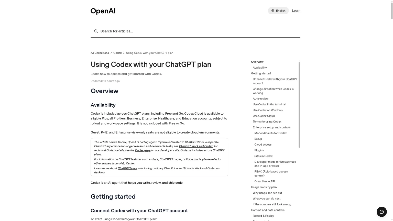 OpenAI-Hilfecenter mit Angaben zur Verfügbarkeit von Codex und zur Anmeldung über ChatGPT