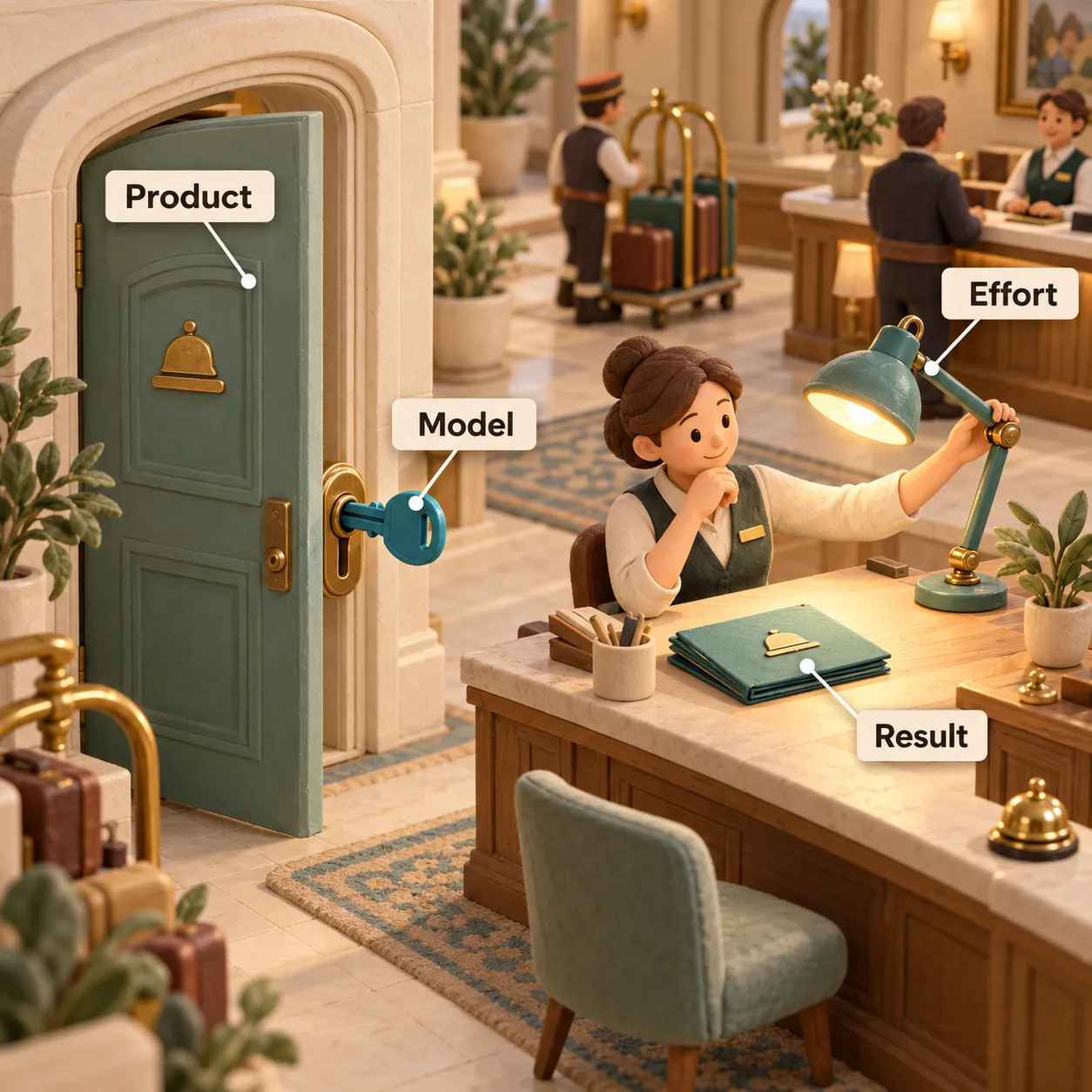 A clay hotel cutaway uses a doorway, key and adjustable lamp to distinguish product, model and effort before the result