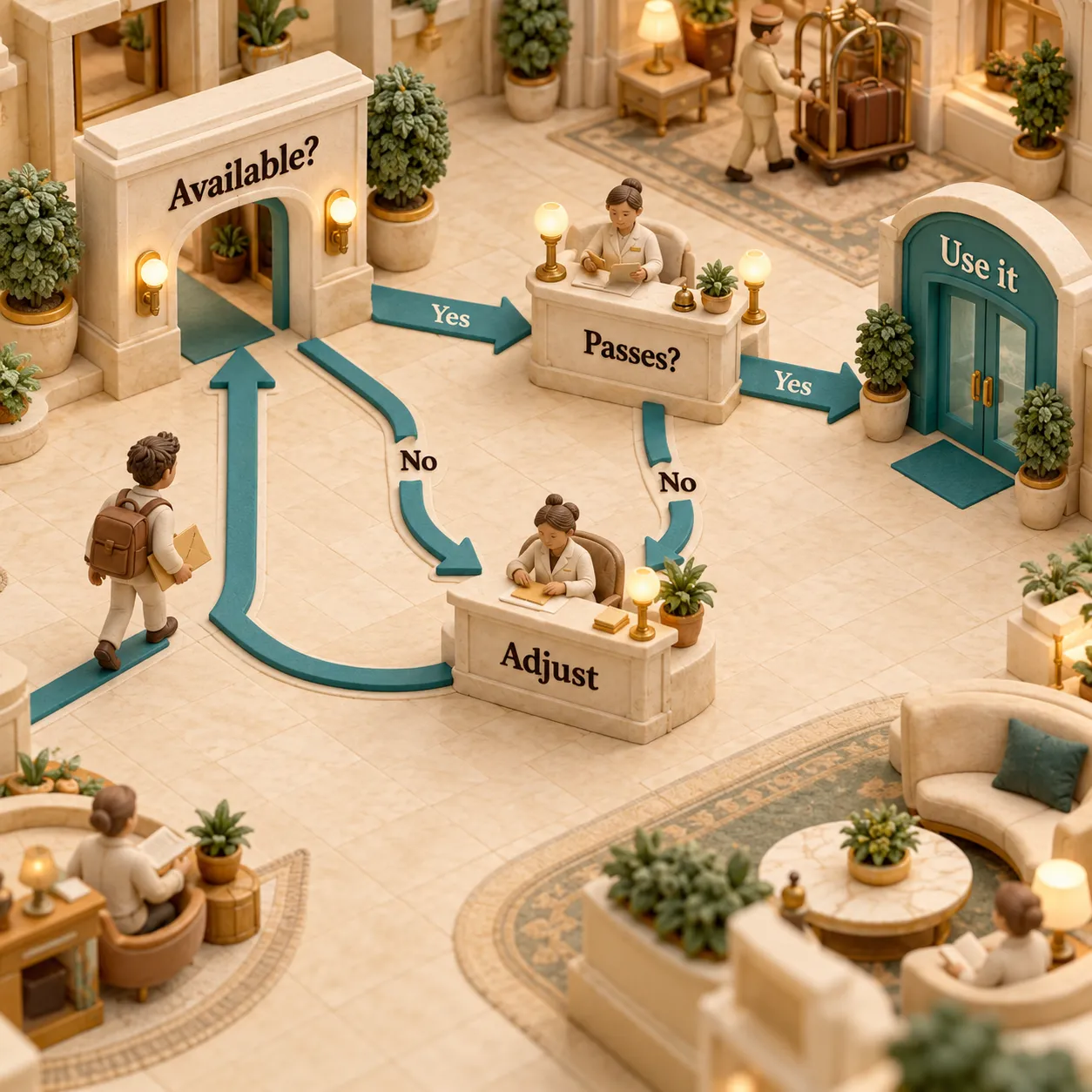 A clay hotel path checks whether a model is available, then whether its output passes review, before approving use or adjusting the choice