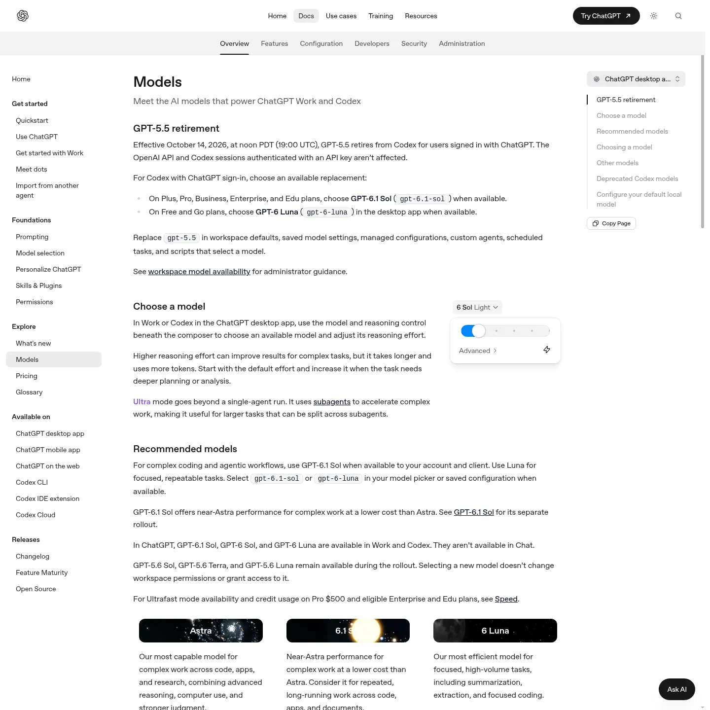 OpenAI documentation showing model selection controls for Work and Codex