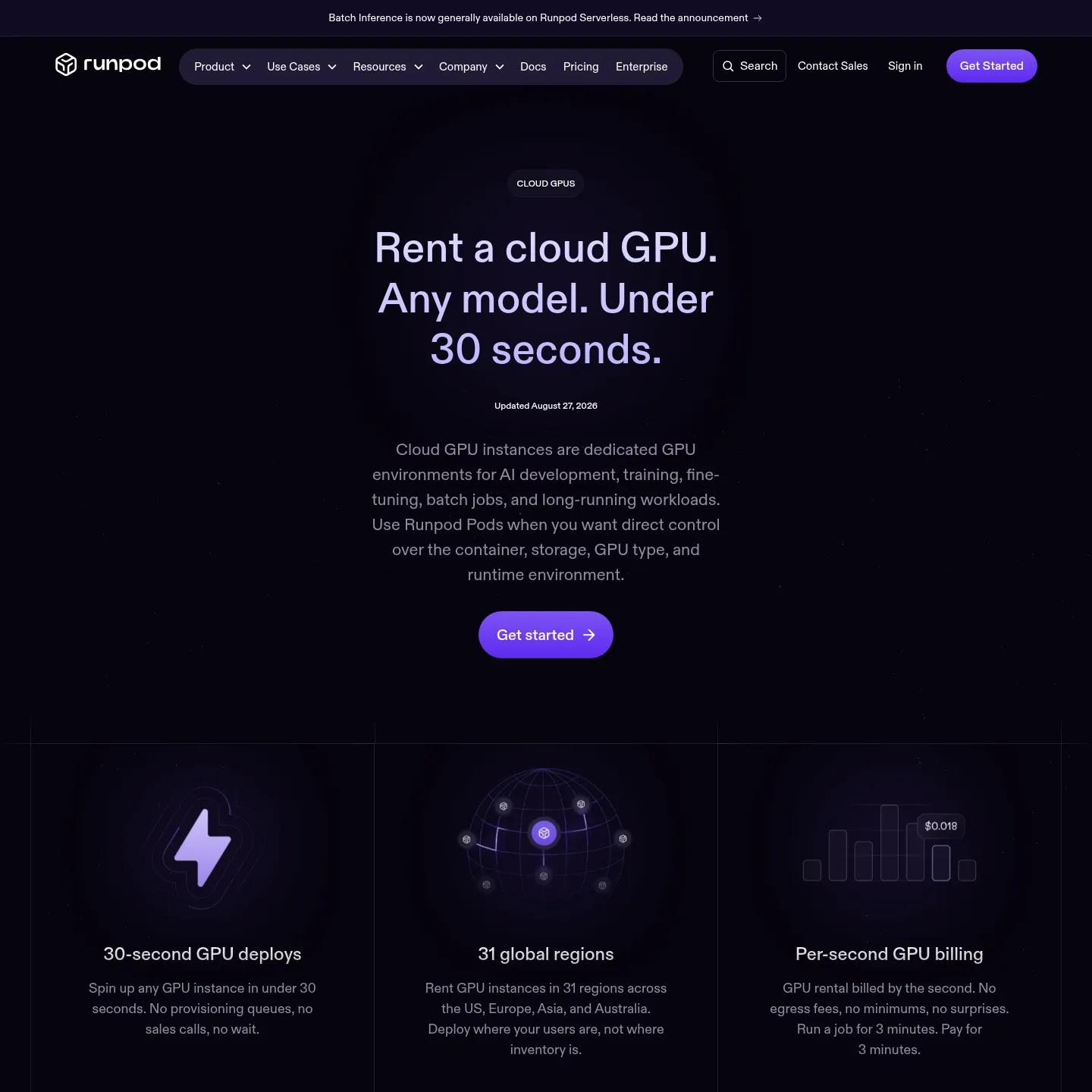 Страница облачных GPU Runpod с выделенными Pods