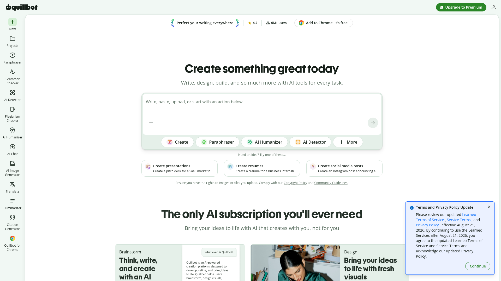 QuillBot writing and paraphrasing workspace